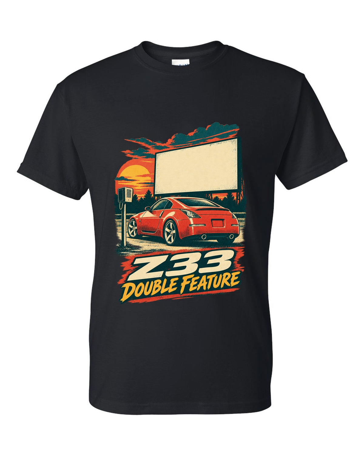Vintage lithograph race poster print of a Nissan 350Z Z33 at a drive-in black t-shirt front view with the design