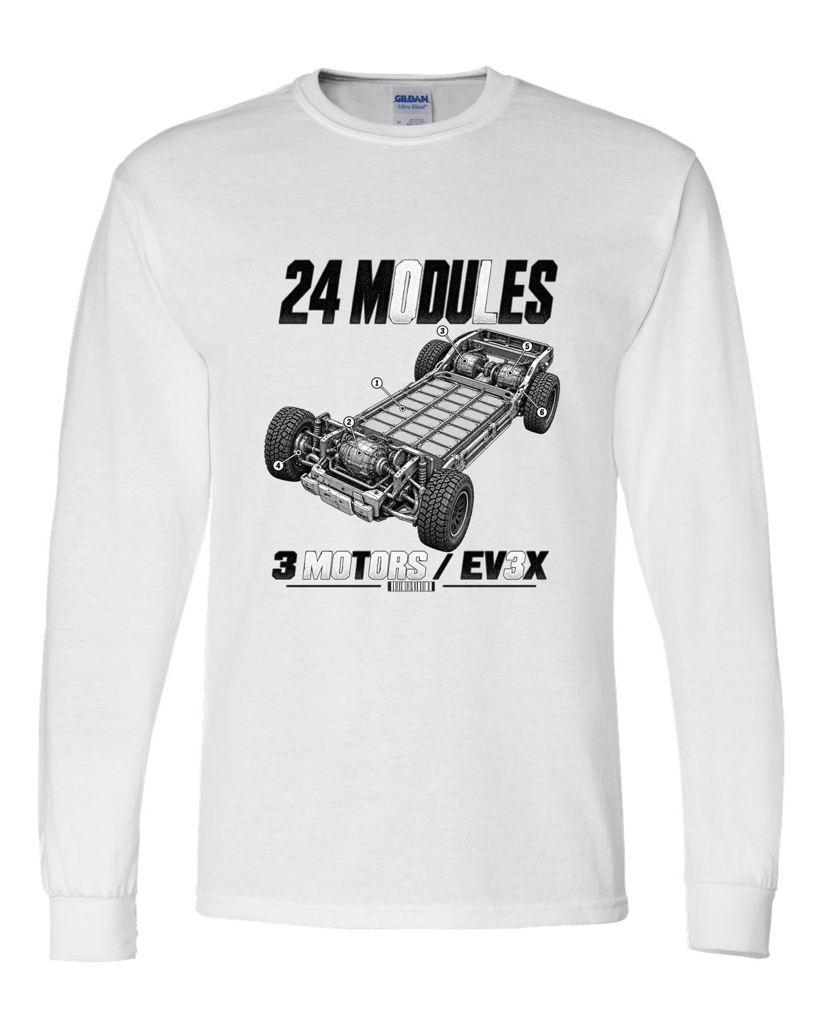 Cutaway of the GMC Hummer EV pickup battery pack and motors with labels white long sleeve front view with the design