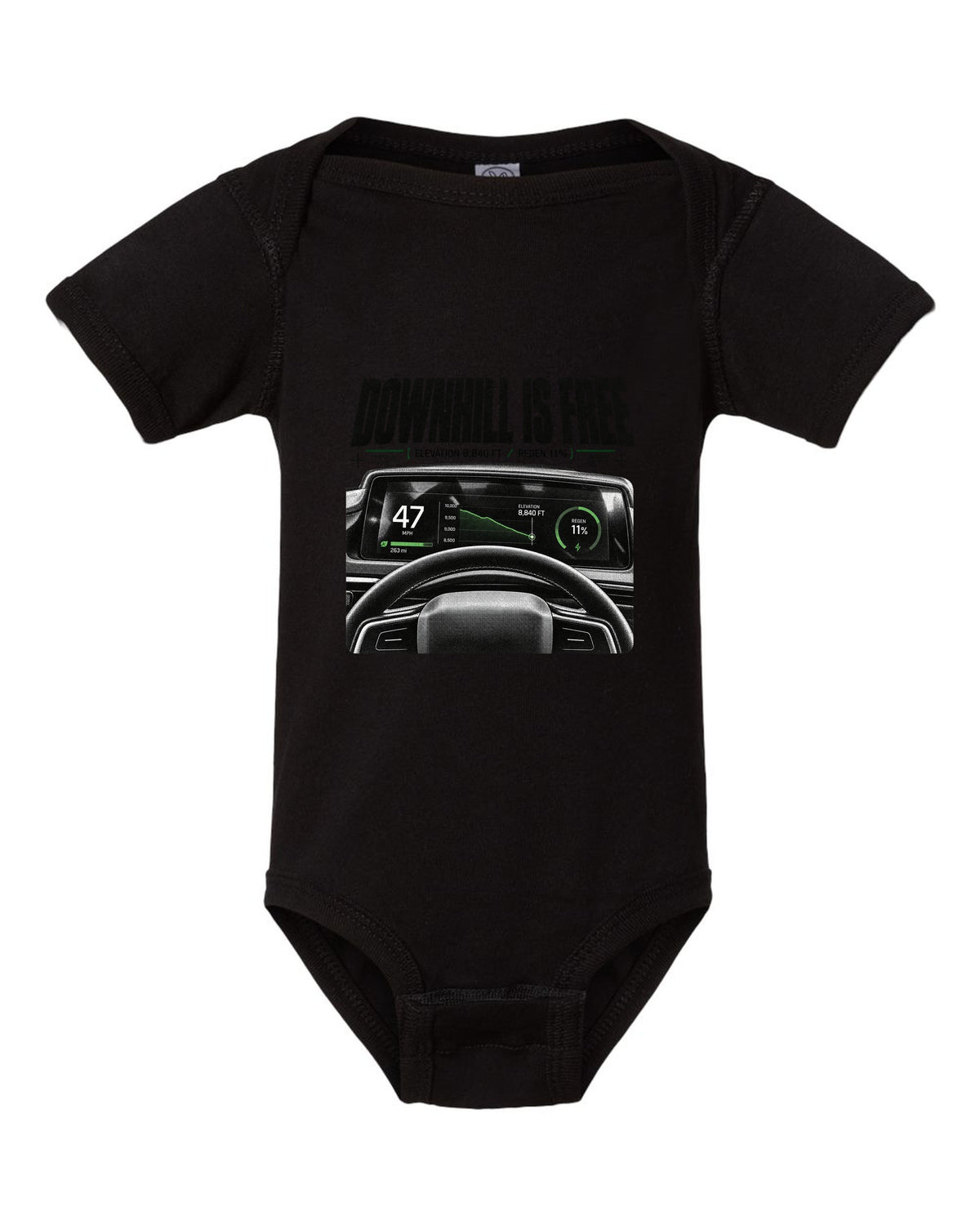 Rivian R1T 2022 cockpit gauge readout with downhill is free, elevation 8,840 ft and regen 11% black baby onesie front view with the design