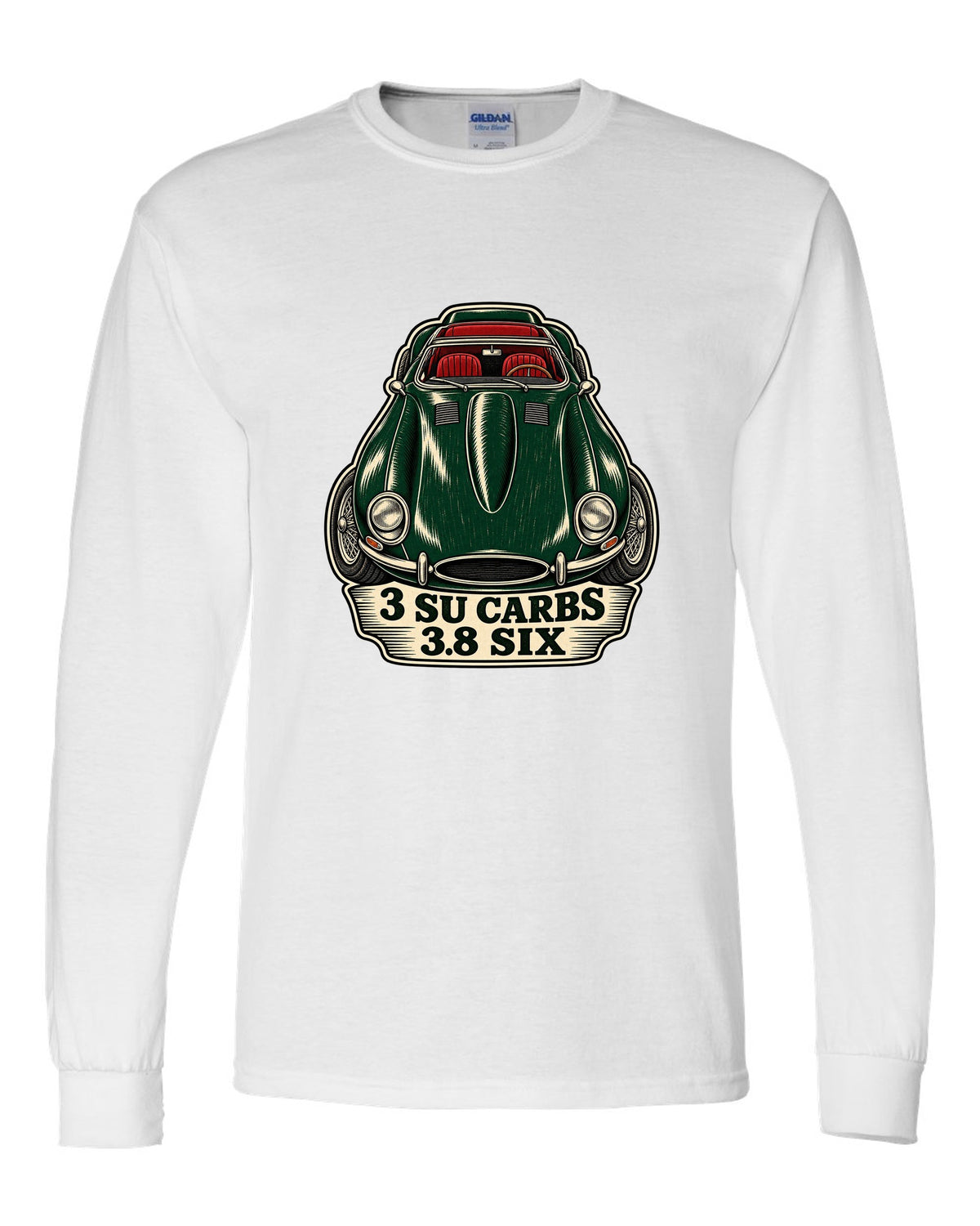 Jaguar E-Type Series 1 long bonnet woodcut with 3 SU CARBS 3.8 SIX lettering white long sleeve front view with the design