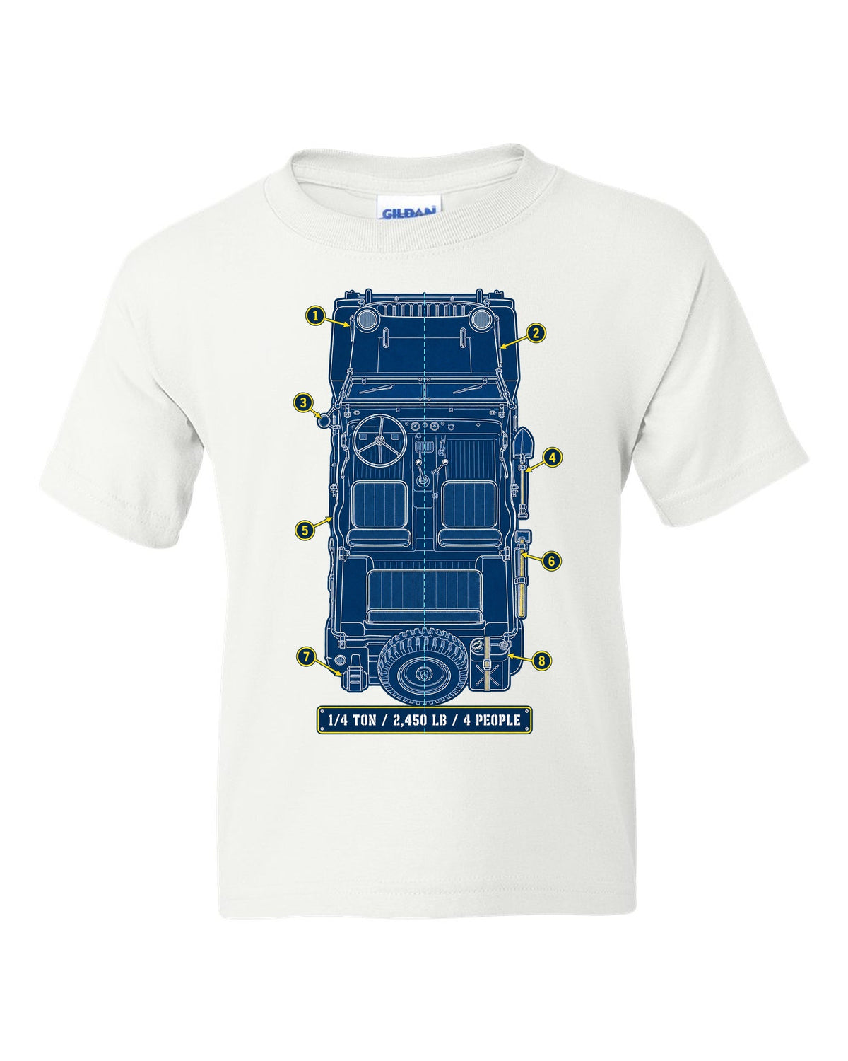 Cyanotype blueprint print of a Willys MB with field manual specs text white kids tee front view with the design