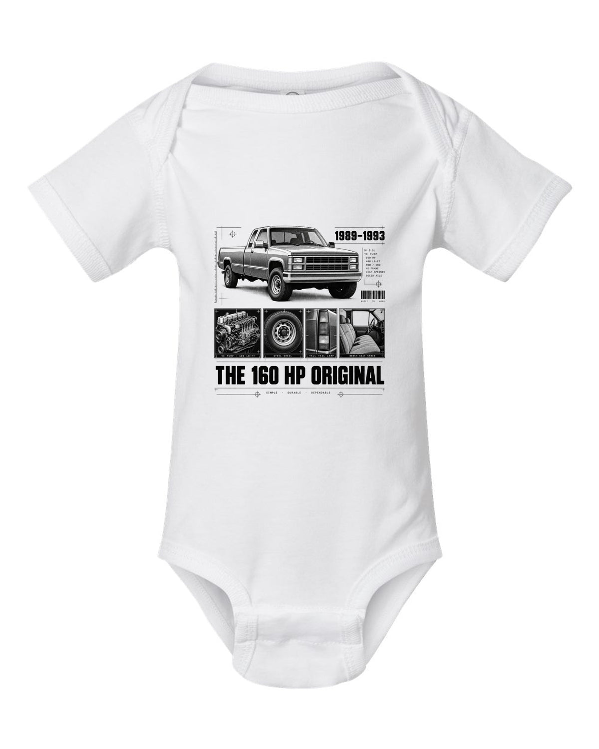 Dossier print of a 1989-93 Dodge D250 1st gen Cummins with VE pump and torque figures white baby onesie front view with the design