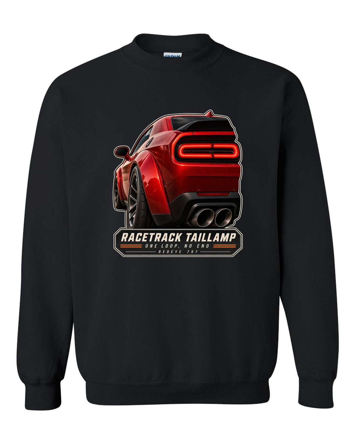 Dodge Challenger Hellcat Redeye Widebody racetrack taillamp macro print black crewneck front view with the design