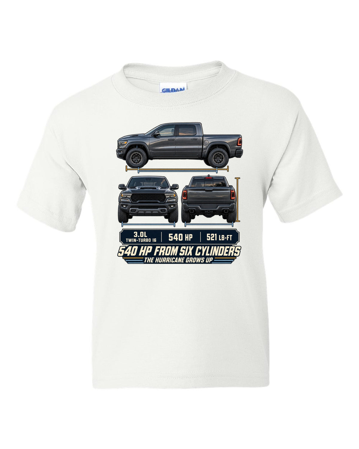 Ram 1500 RHO 2025 three-view drawing with spec table print white kids tee front view with the design