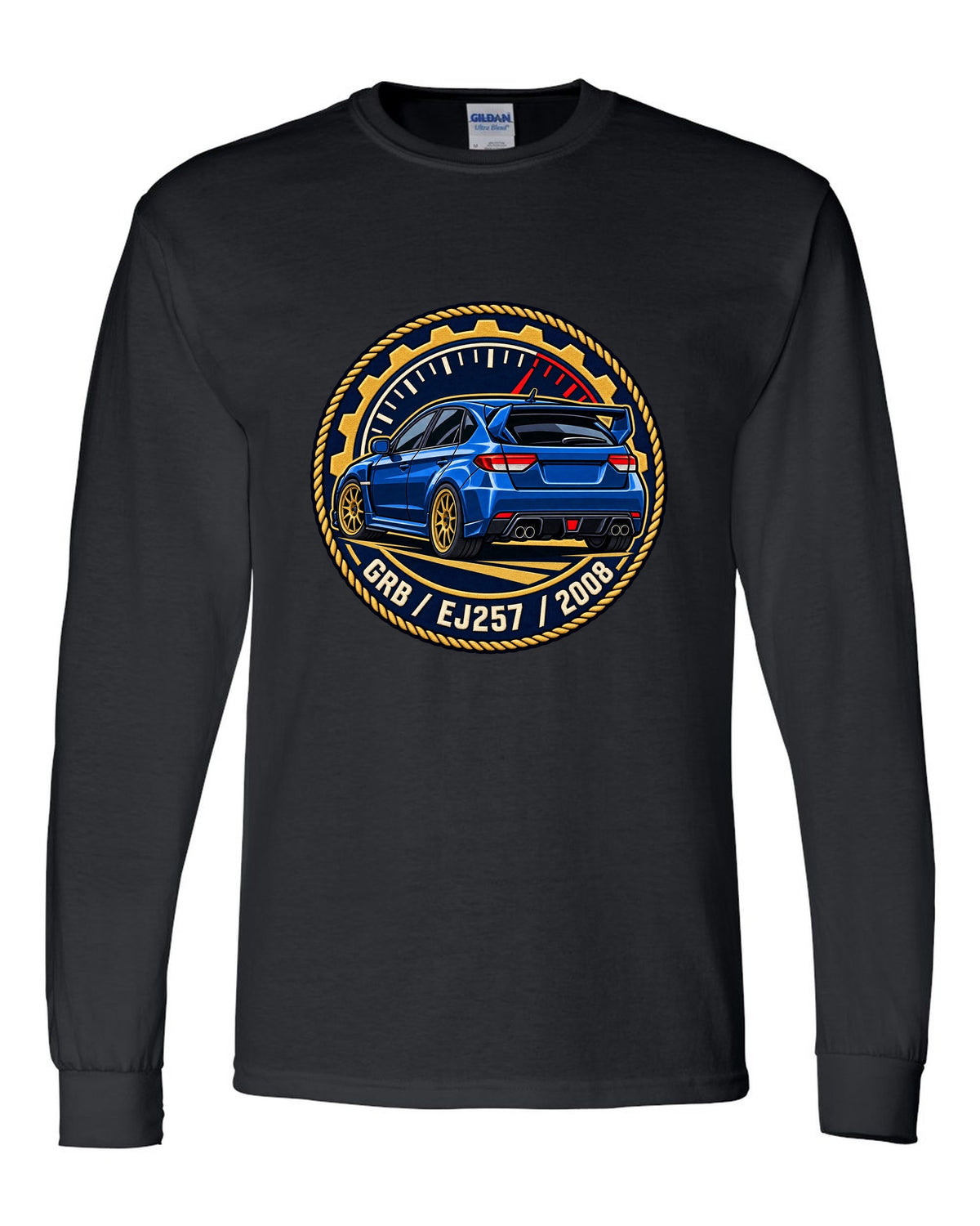 Subaru Impreza WRX STI GRB chback varsity crest print, GRB / EJ257 / 2008 black long sleeve front view with the design