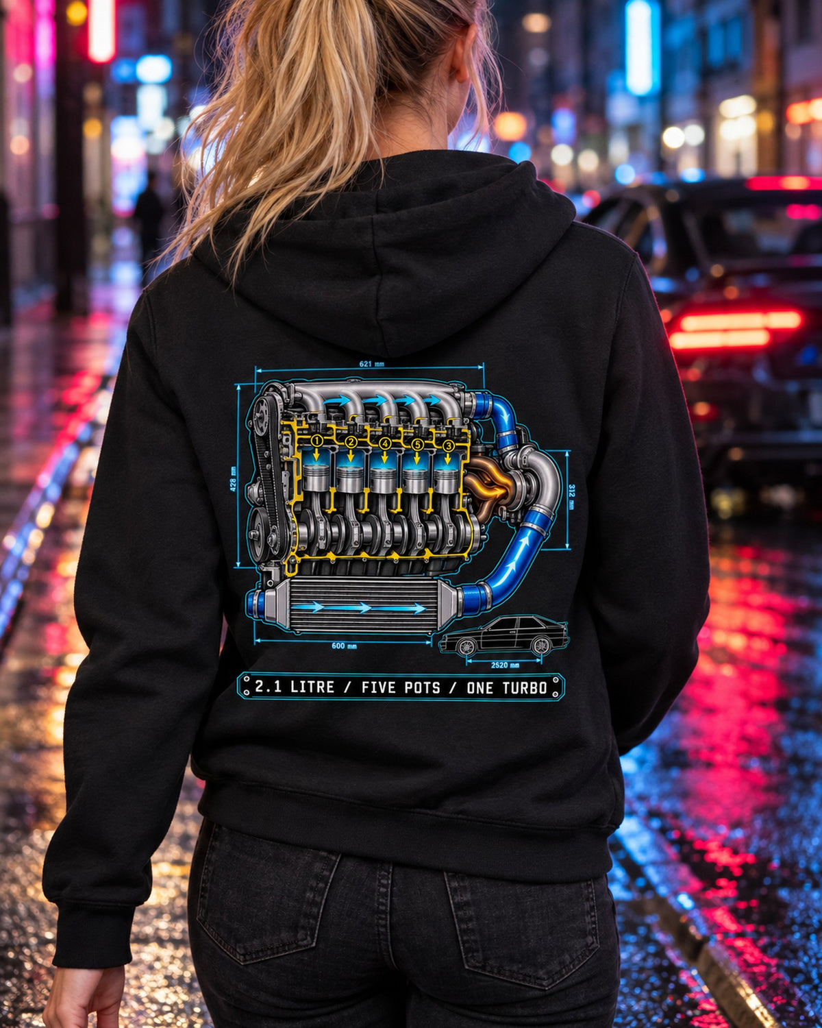 Audi Ur-Quattro Type 85 Five-Pot Technical Blueprint Shirt Zip Hoodie Black worn hero