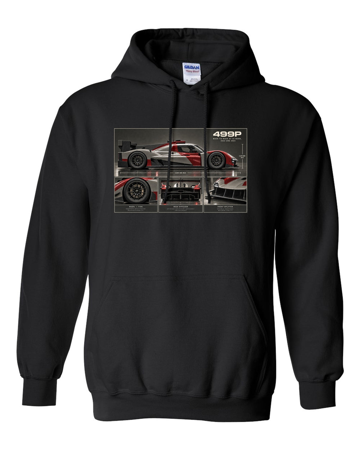 Ferrari 499P dossier panel print noting back-to-back at Le Mans 2023 and 2024 black pull over hoodie front view with the design