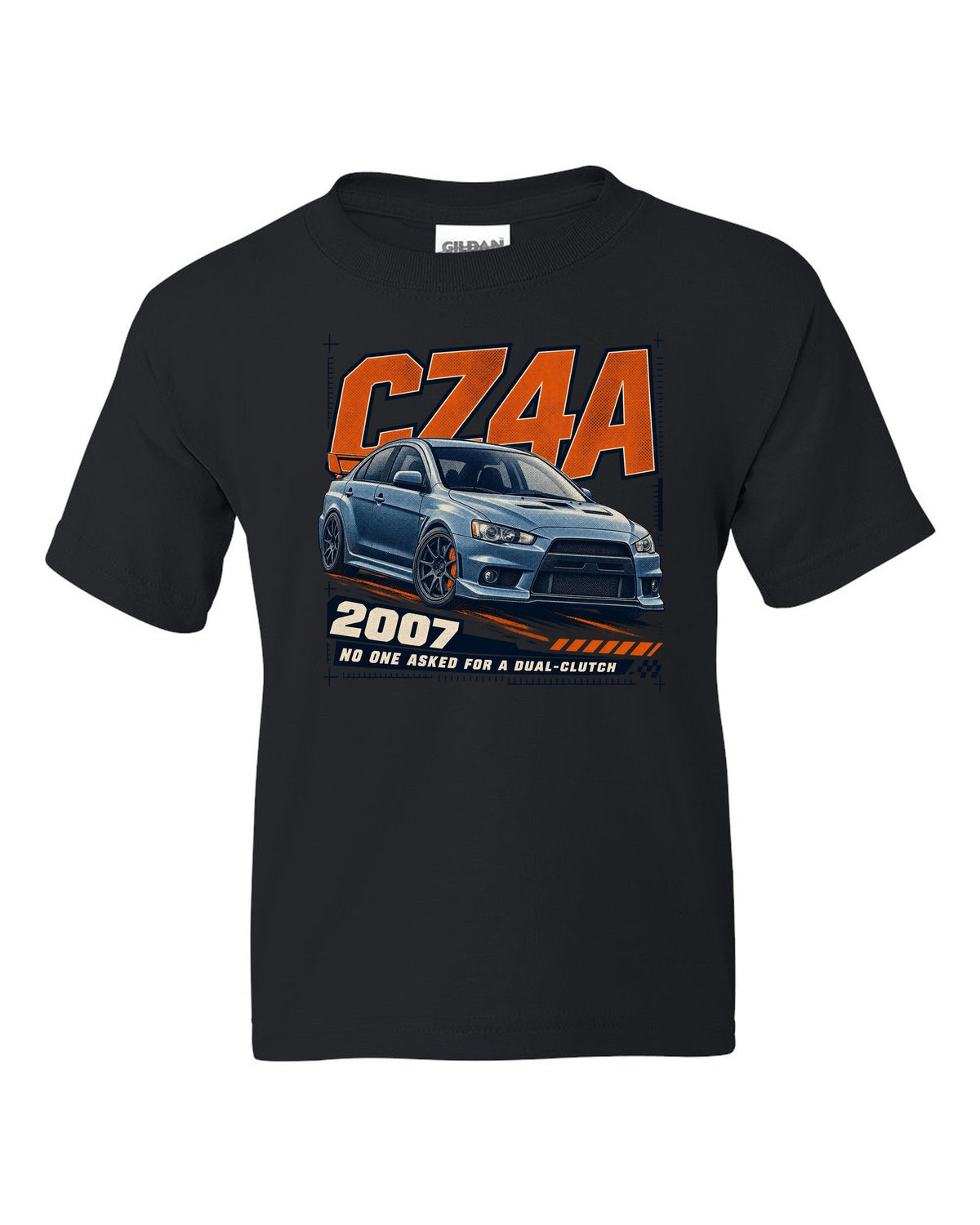 Mitsubishi Lancer Evolution X CZ4A front three-quarter halftone print black kids tee front view with the design