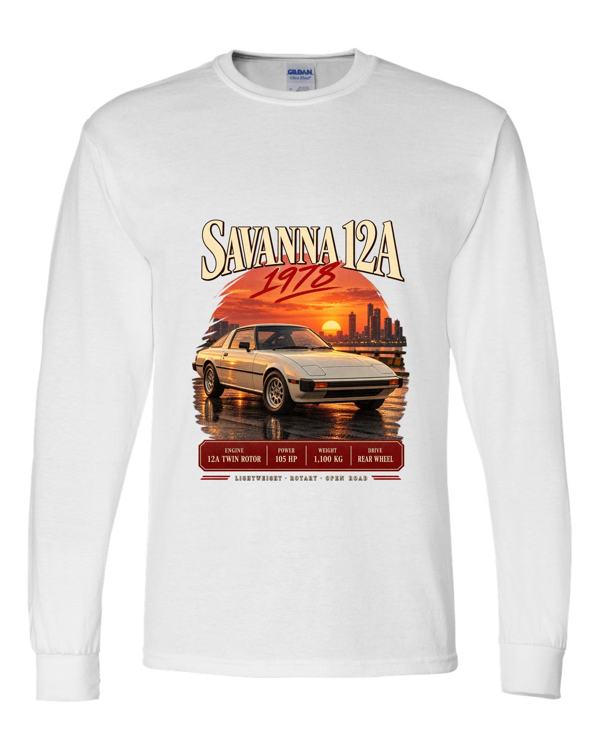 Archive panel print for the Mazda RX-7 SA22C 1978-85 with Savanna 12A and 1,100 kg details white long sleeve front view with the design