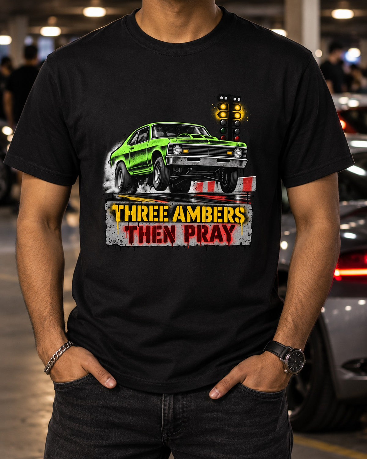 Chevrolet Nova 1971 Drag Staging Stencil Art Shirt T-Shirt Black worn hero