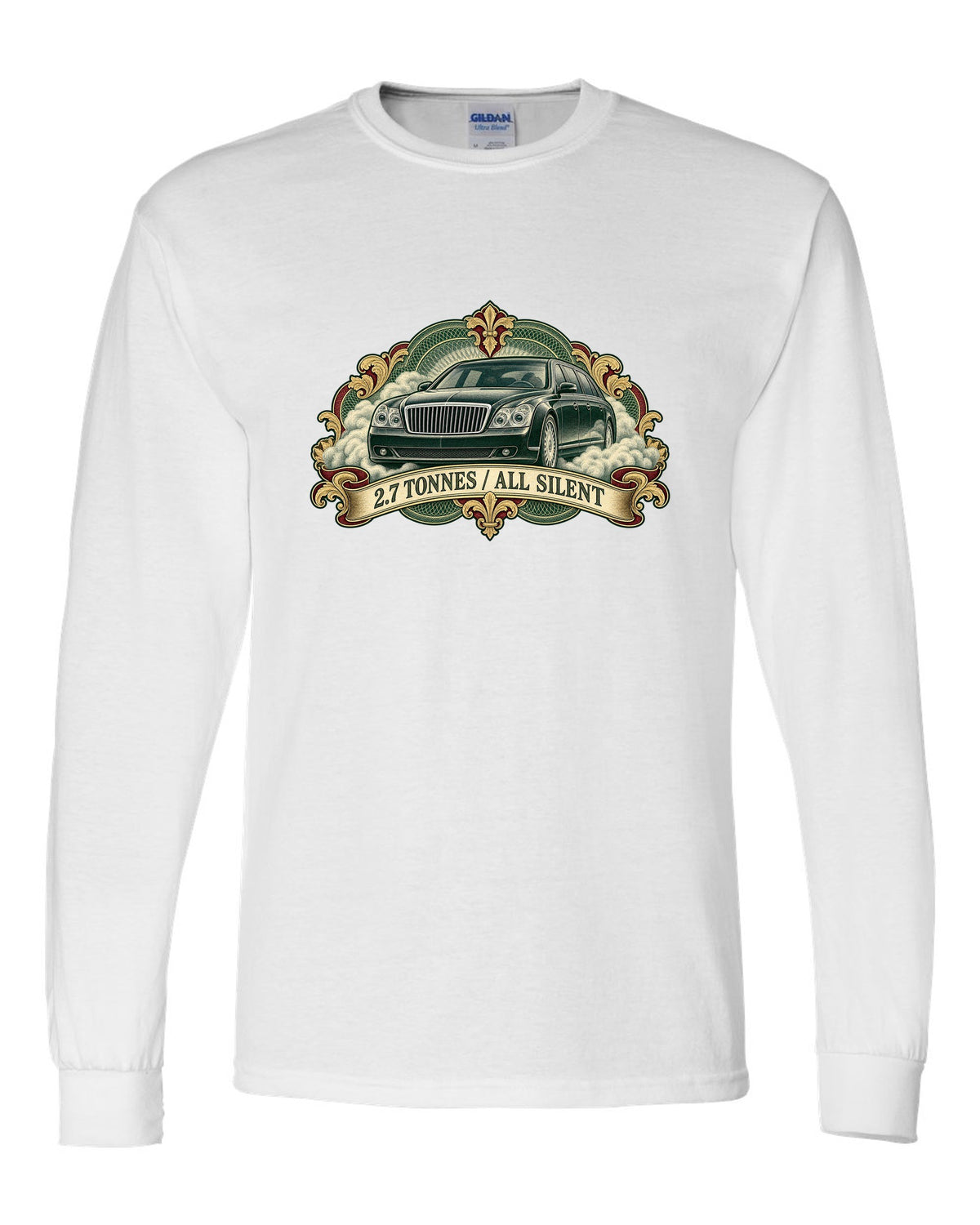 Engraved banknote style etching of a Maybach 57 W240 with 2.7 Tonnes All Silent text white long sleeve front view with the design