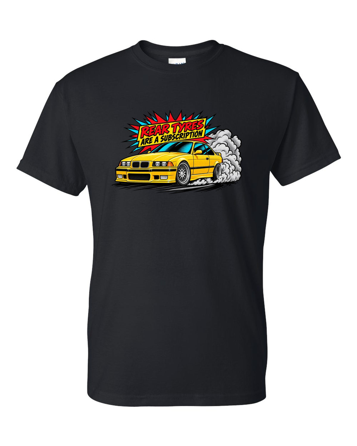 Risograph illustration of the stripped cockpit of a BMW E36 M3 Lightweight 1995 black t-shirt front view with the design
