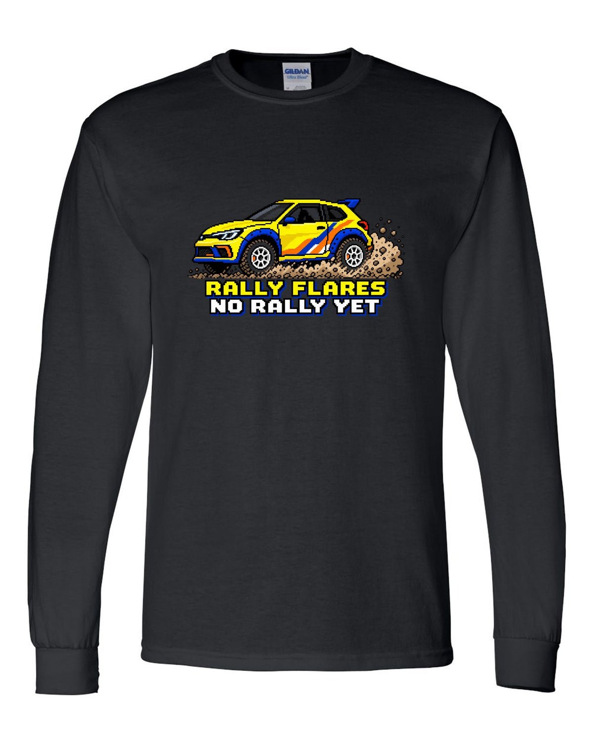 Rivian R3X 16-bit pixel art gravel slide print with the text rally flares no rally yet black long sleeve front view with the design