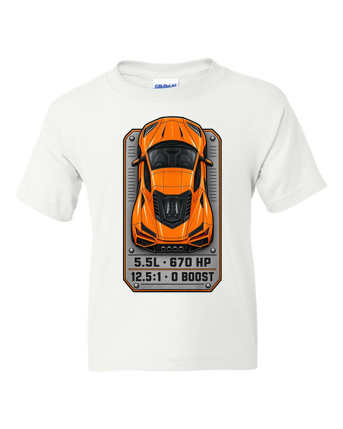 80s airbrush chrome style design of a 2025 C8 Corvette ZR1 white kids tee front view with the design