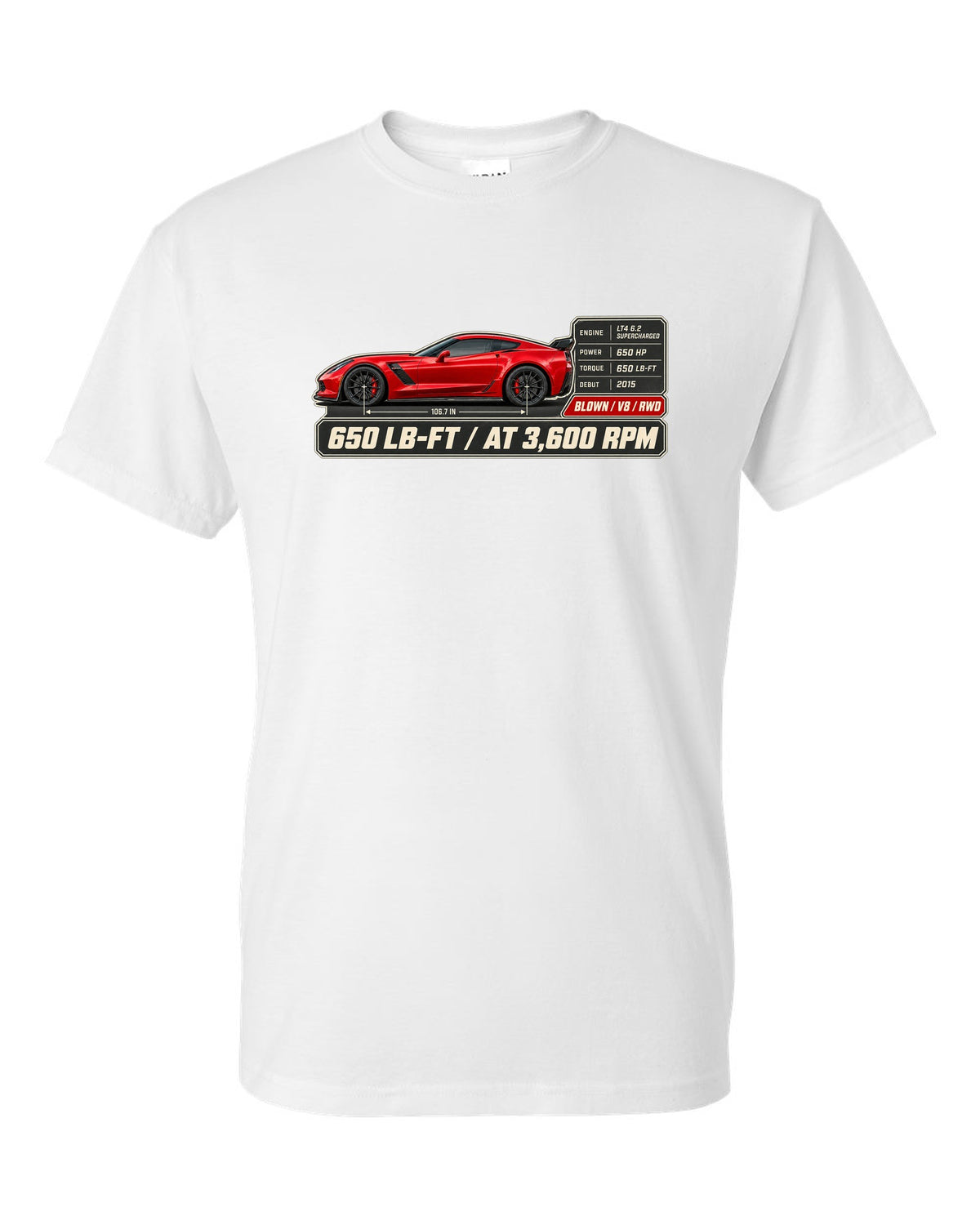 print of a Chevrolet Corvette C7 Z06 spec poster showing 650 lb-ft at 3,600 rpm white t-shirt front view with the design