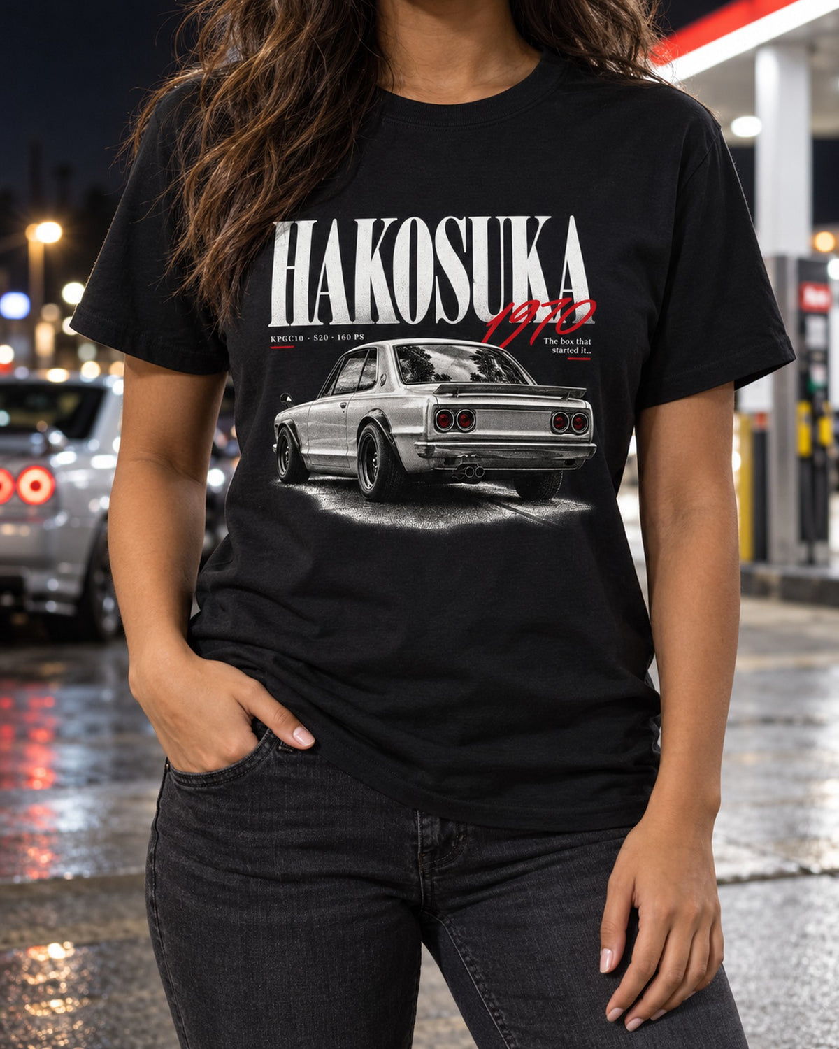 Nissan Skyline 2000GT-R KPGC10 Hakosuka Editorial Shirt T-Shirt Black worn hero