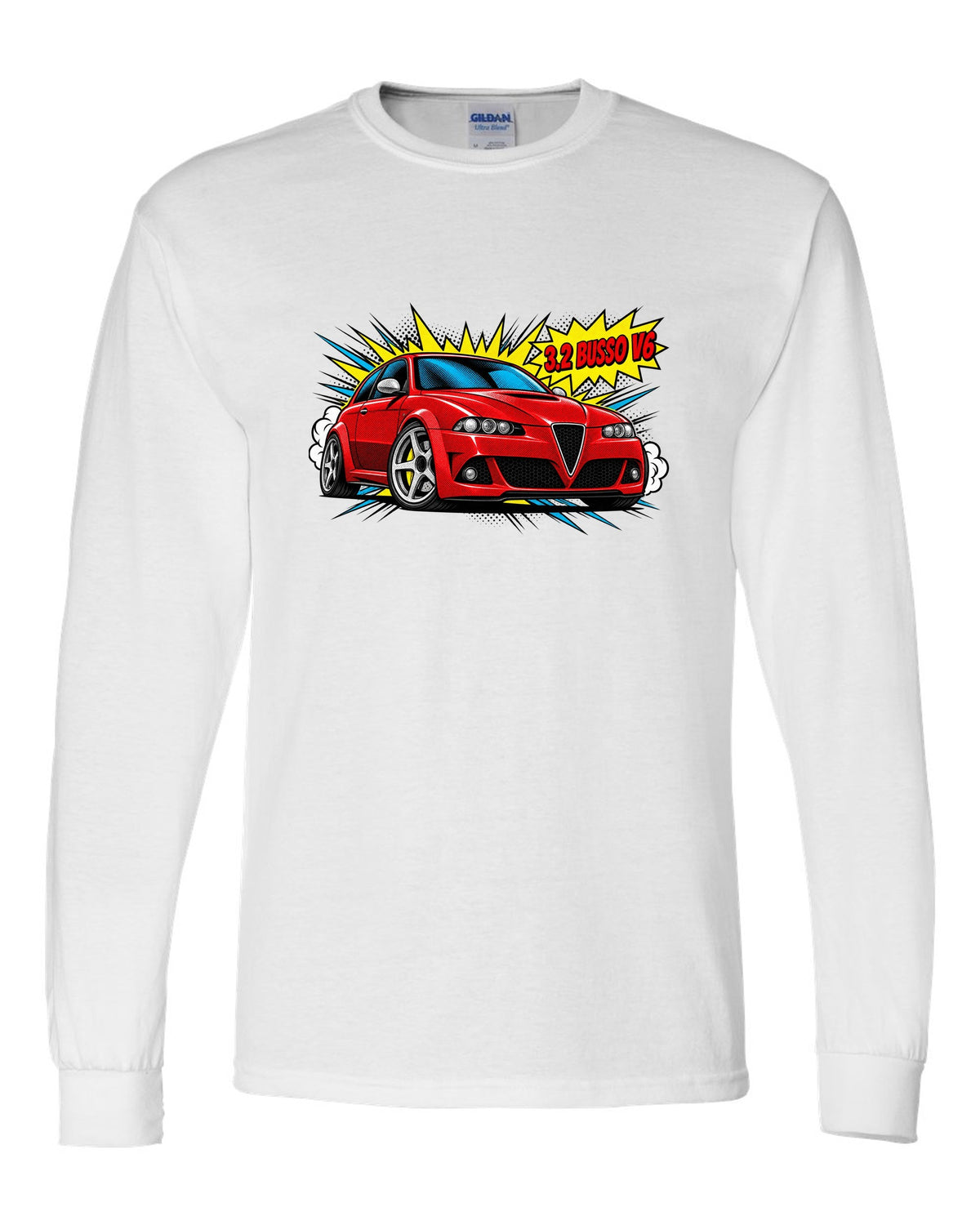 Comic halftone pop-art illustration of an Alfa Romeo 147 GTA with 3.2 Busso V6 text white long sleeve front view with the design