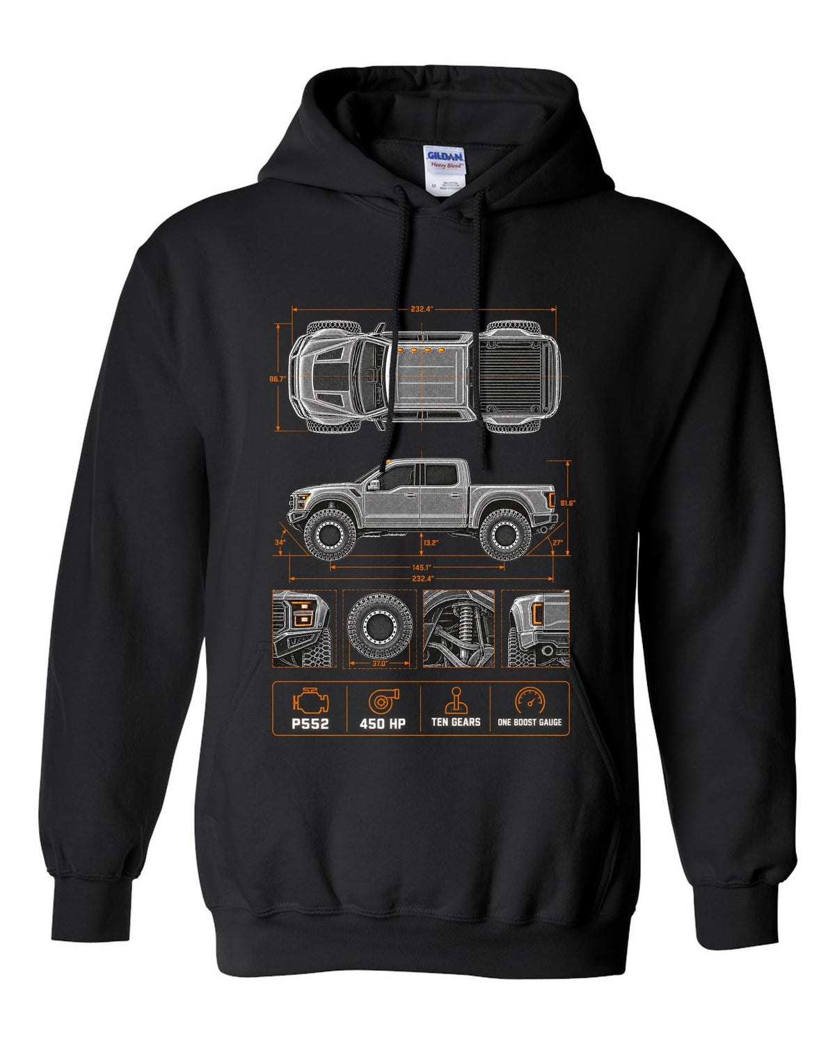 Ford F-150 Raptor Gen 2 P552 spec poster print with 450 HP and ten gears black pull over hoodie front view with the design