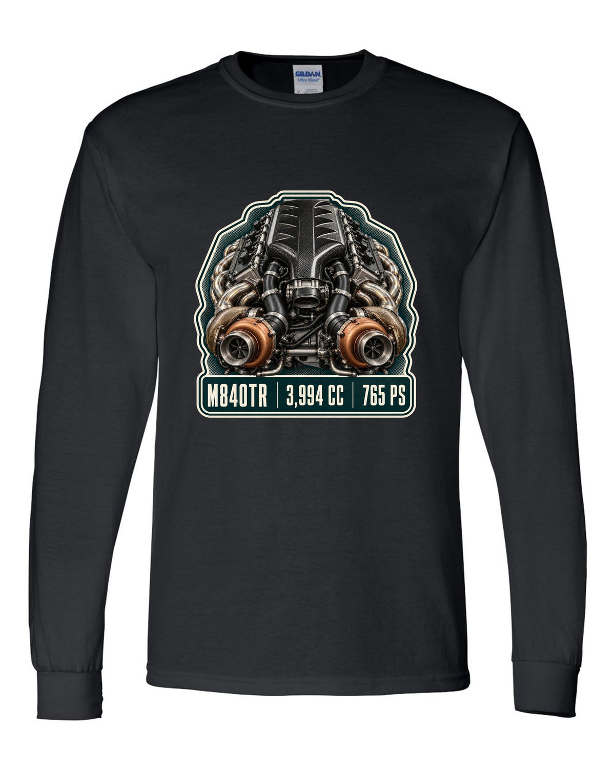 Engine hero print of the McLaren 765LT M840TR V8 black long sleeve front view with the design
