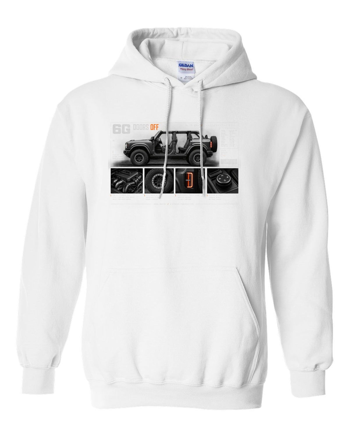 Ford Bronco 6G four-door dossier panel print with doors off, roof off text white pull over hoodie front view with the design
