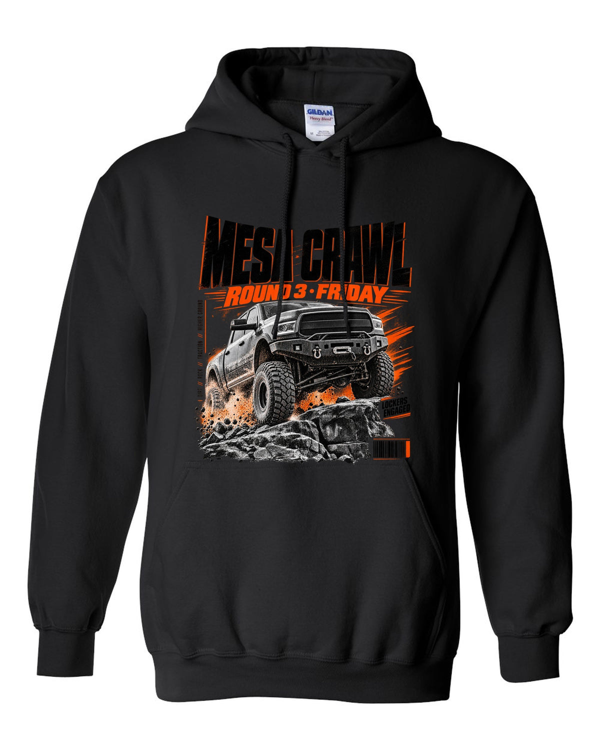 Race poster print of a Ram 2500 Power Wagon at a Mesa Crawl event black pull over hoodie front view with the design