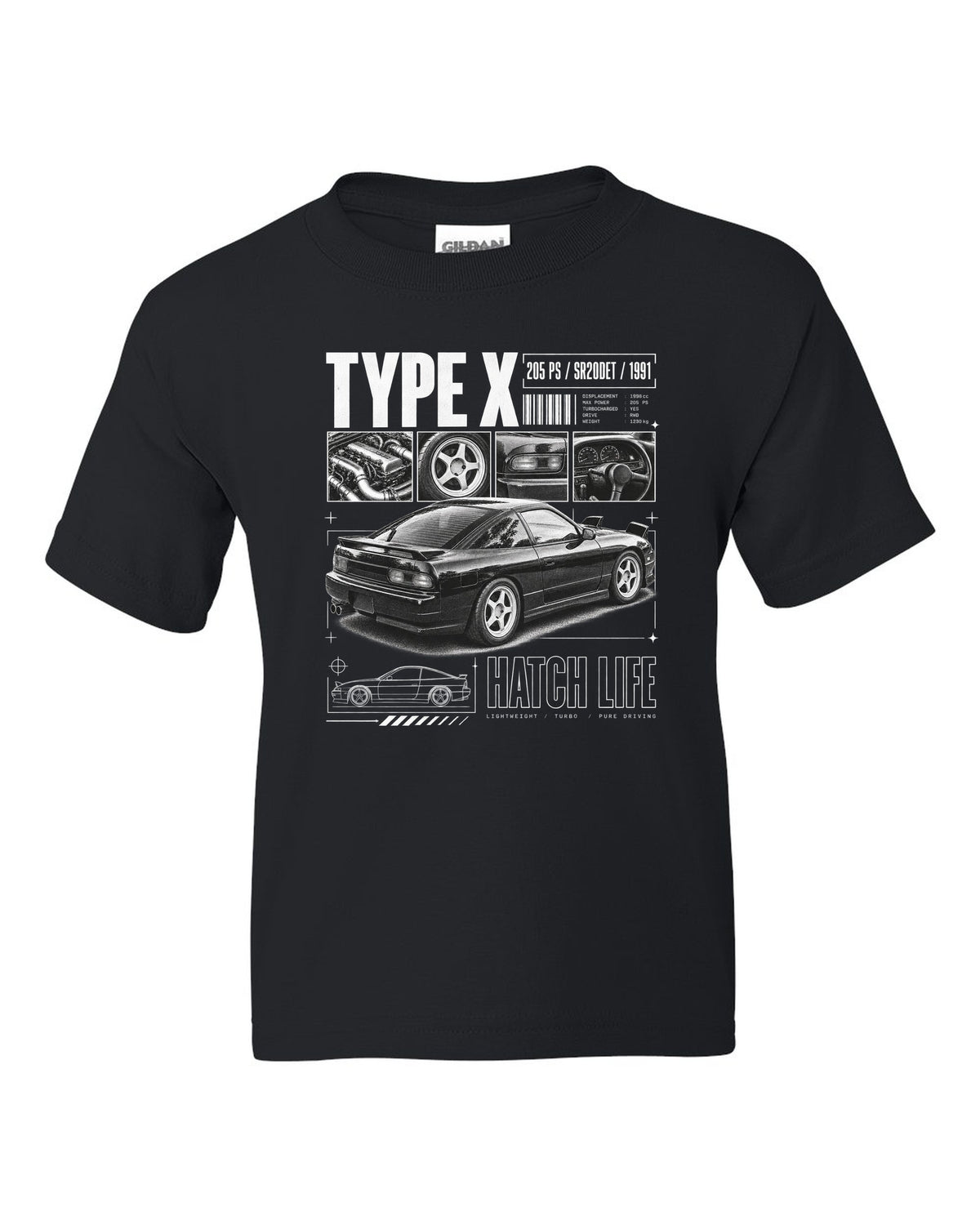 Dossier panels of a Nissan 180SX Type X with 205 PS, SR20DET and 1991 lettering black kids tee front view with the design