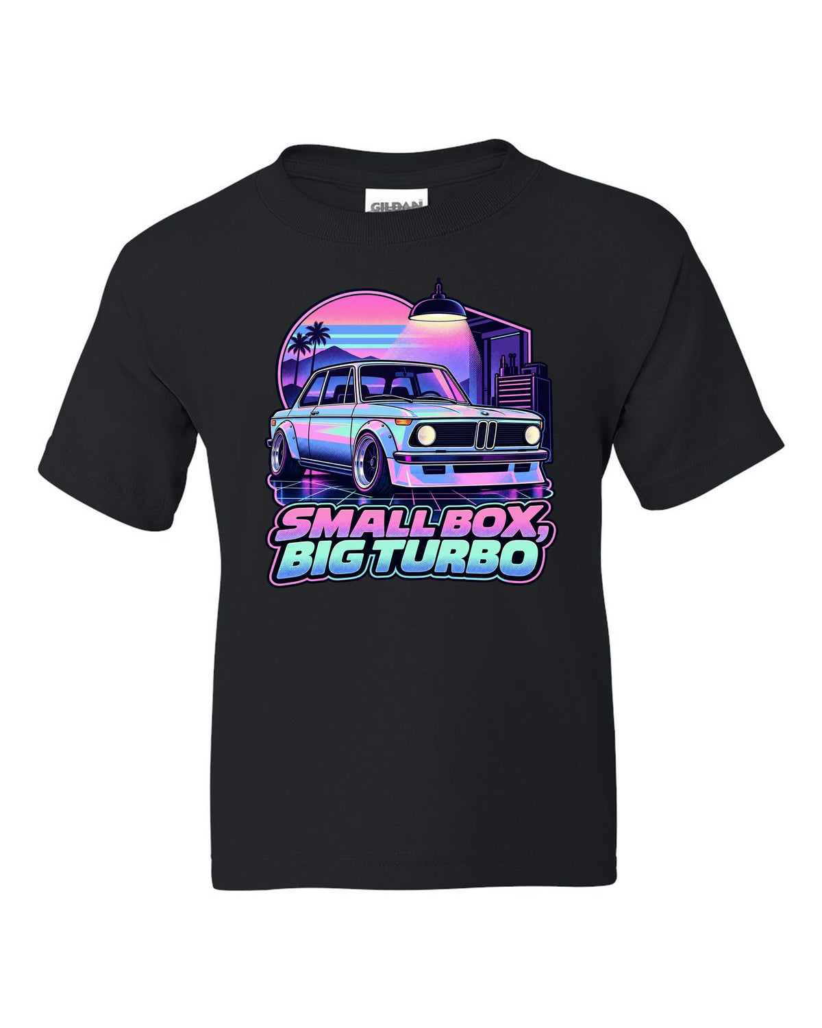BMW 2002 turbo vaporwave pastel print with small box big turbo text black kids tee front view with the design