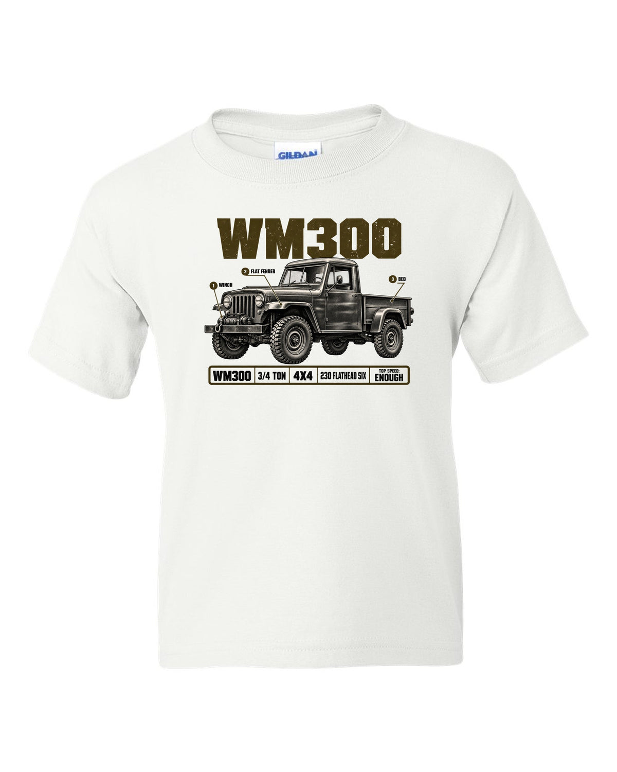 Spec poster print of a 1960-1971 Dodge Power Wagon WM300 flat fender truck white kids tee front view with the design