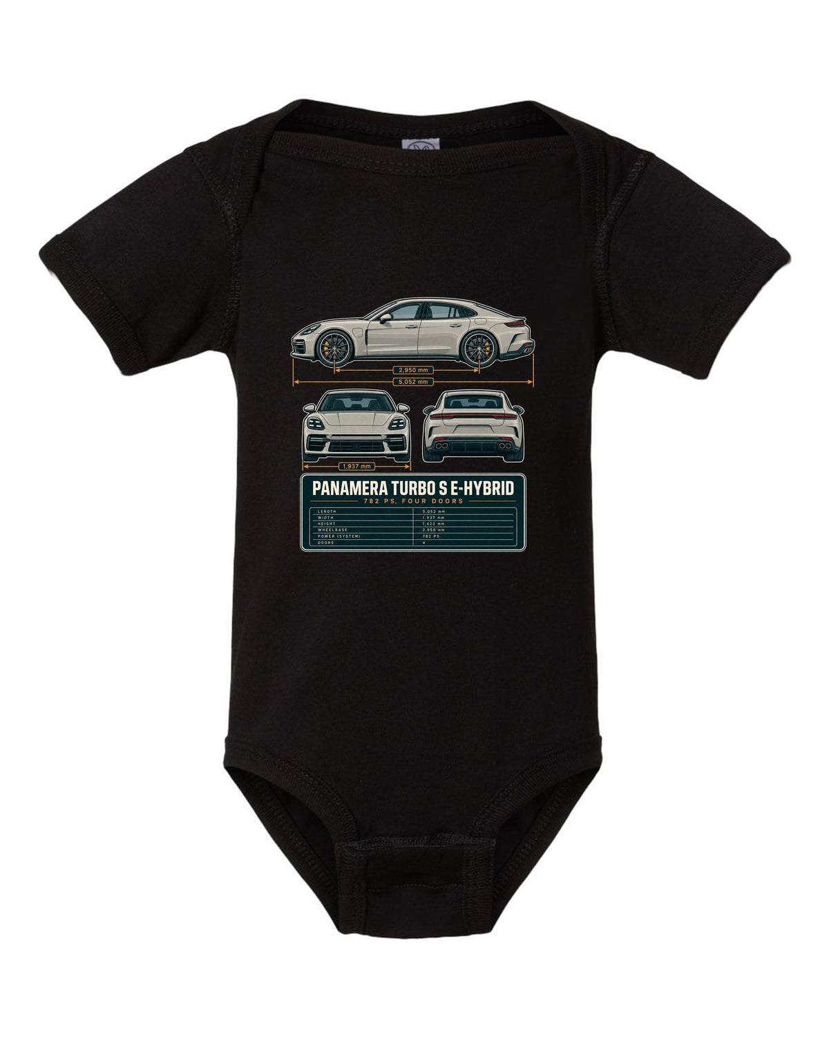 Three-view print of a Porsche Panamera Turbo S E-Hybrid G3 with 782 PS spec table black baby onesie front view with the design