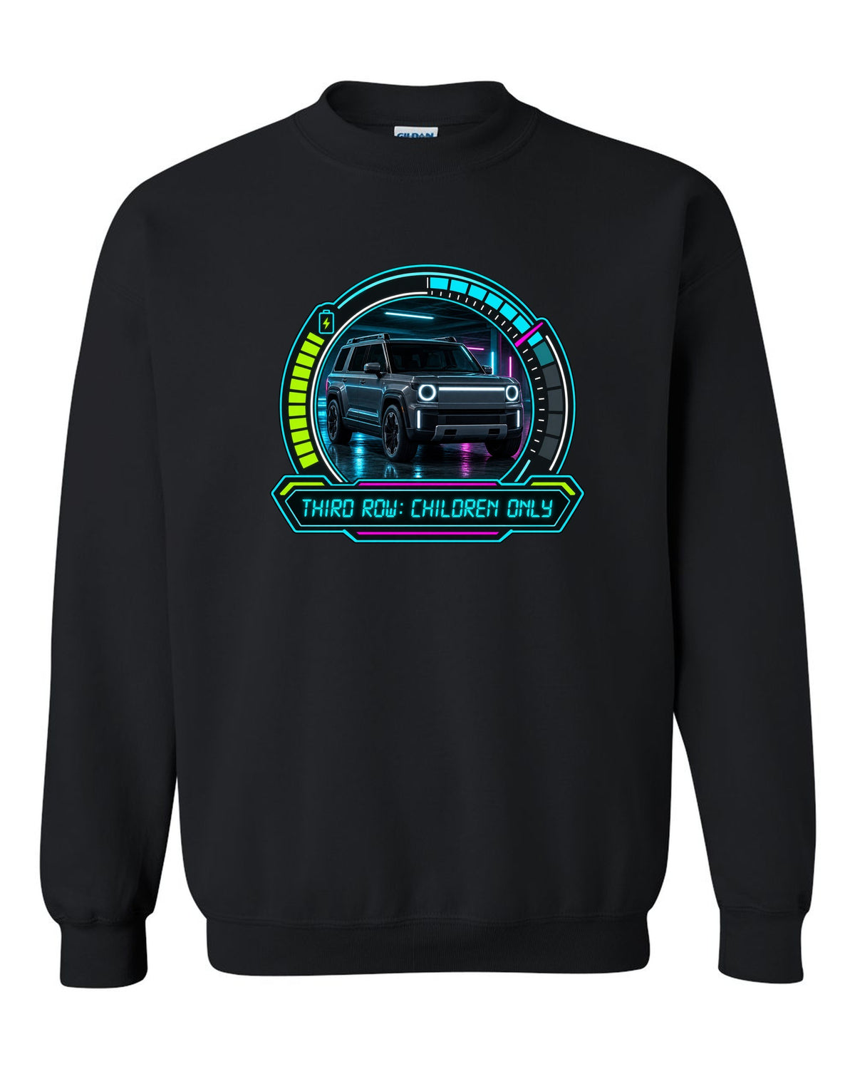 Rivian R1S dashboard gauge cluster HUD print with the text third row children only black crewneck front view with the design