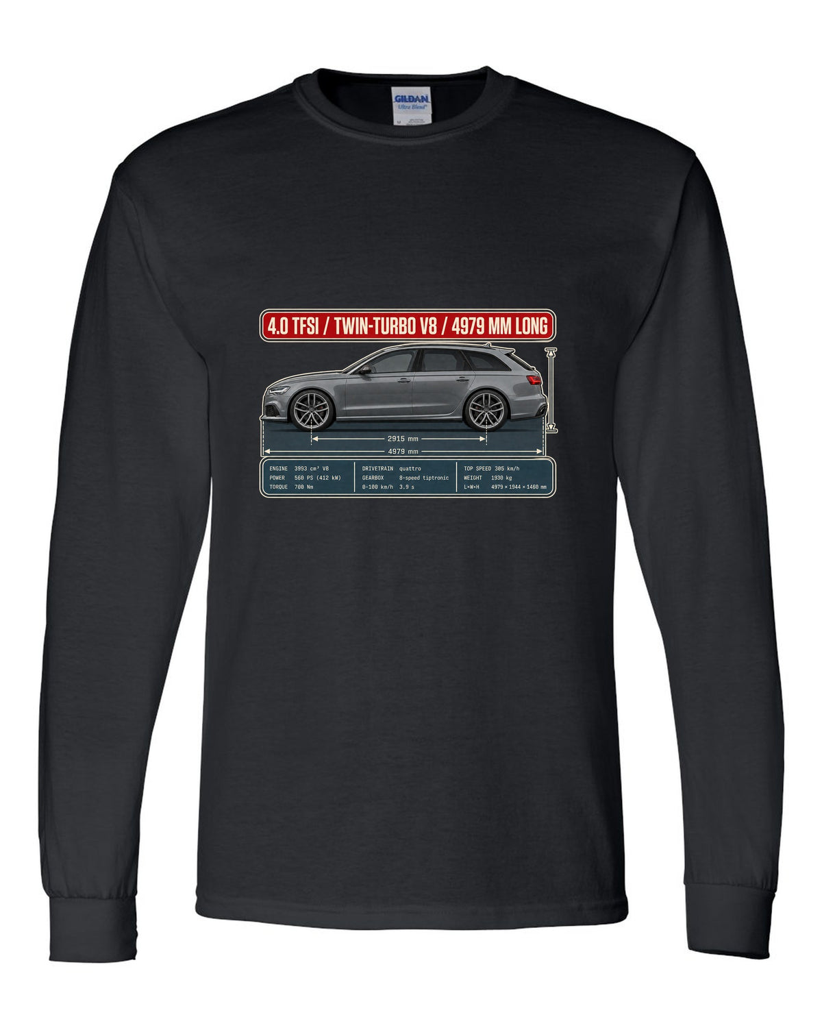 Audi RS6 Avant C7 Daytona grey dimension blueprint print black long sleeve front view with the design