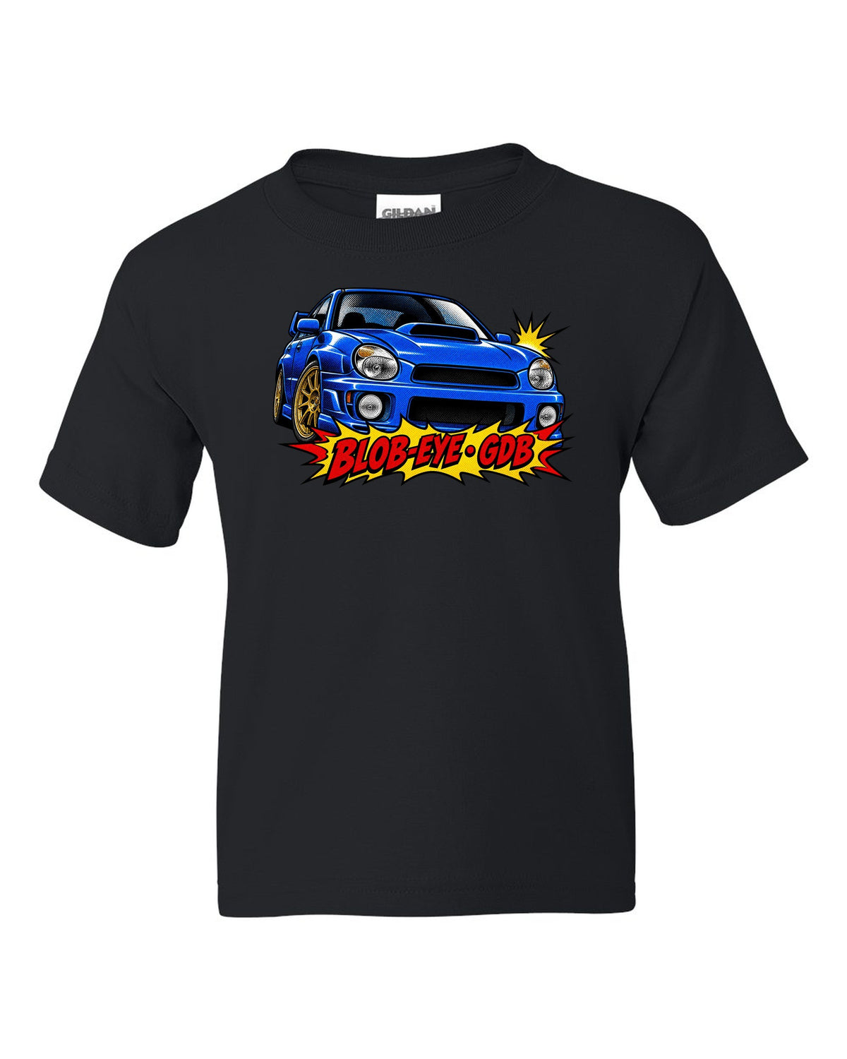 Halftone pop-art print of a Subaru Impreza WRX STI GDB with blob-eye GDB lettering black kids tee front view with the design