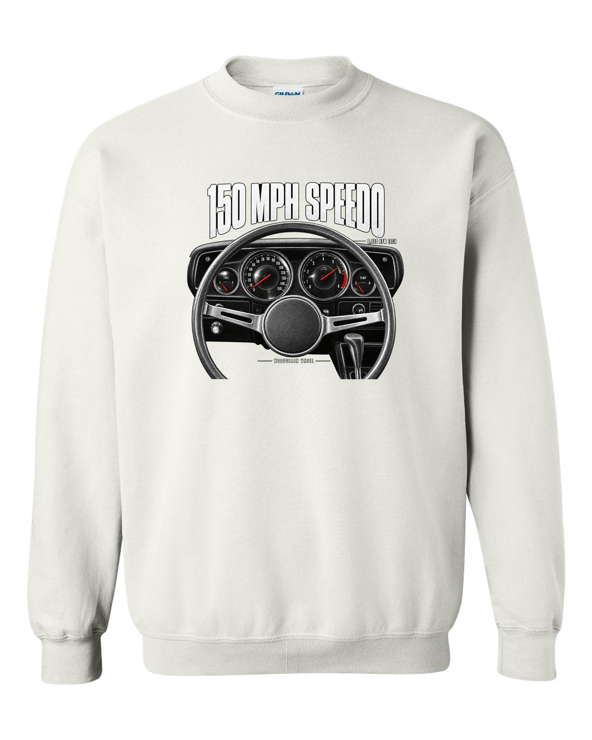 Cockpit gauge print of a 1970 Dodge Challenger R/T with speedometer, tach and woodgrain wheel white crewneck front view with the design