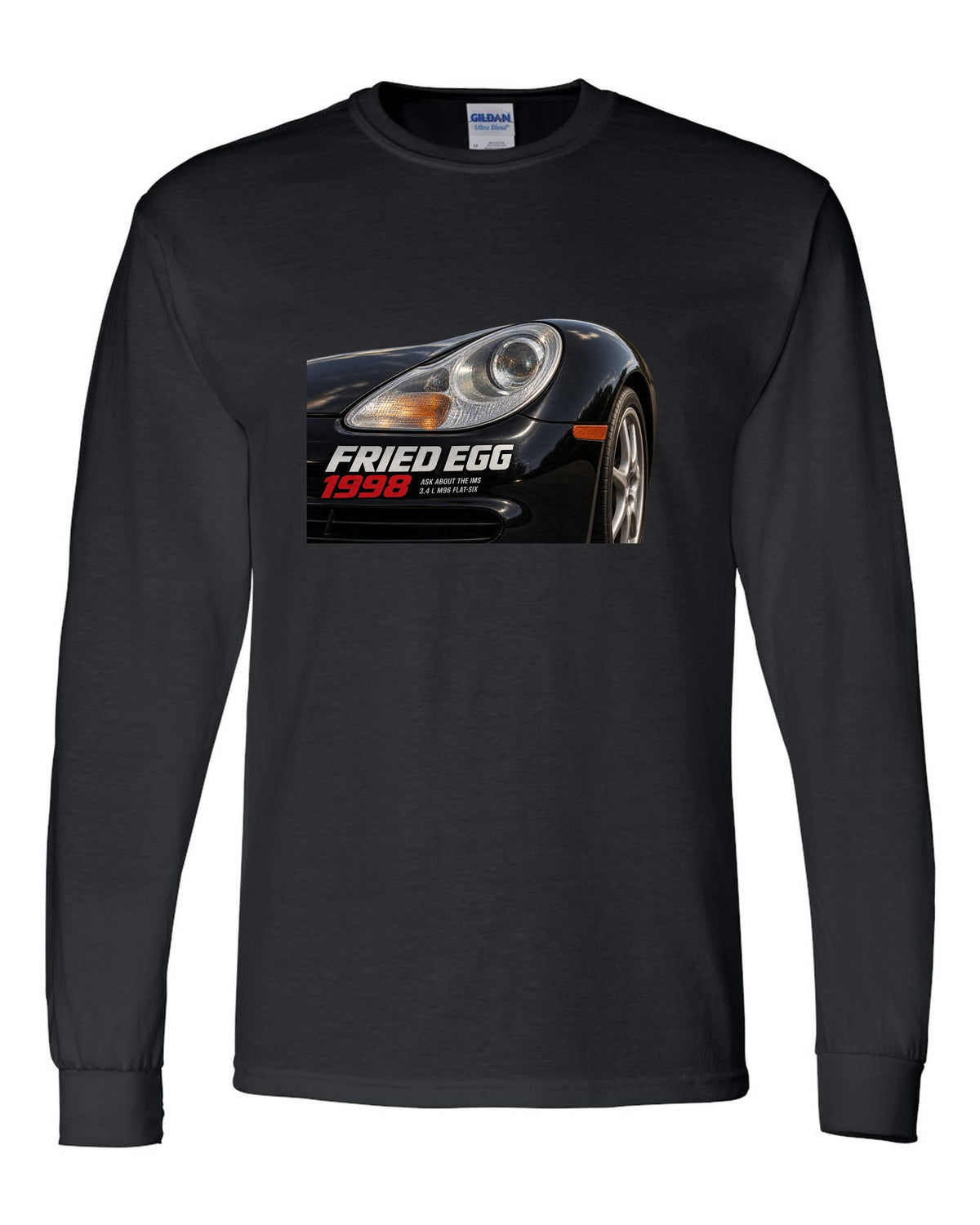 Close-up detail print of the Porsche 911 996 Fried Egg lamp with IMS joke text black long sleeve front view with the design