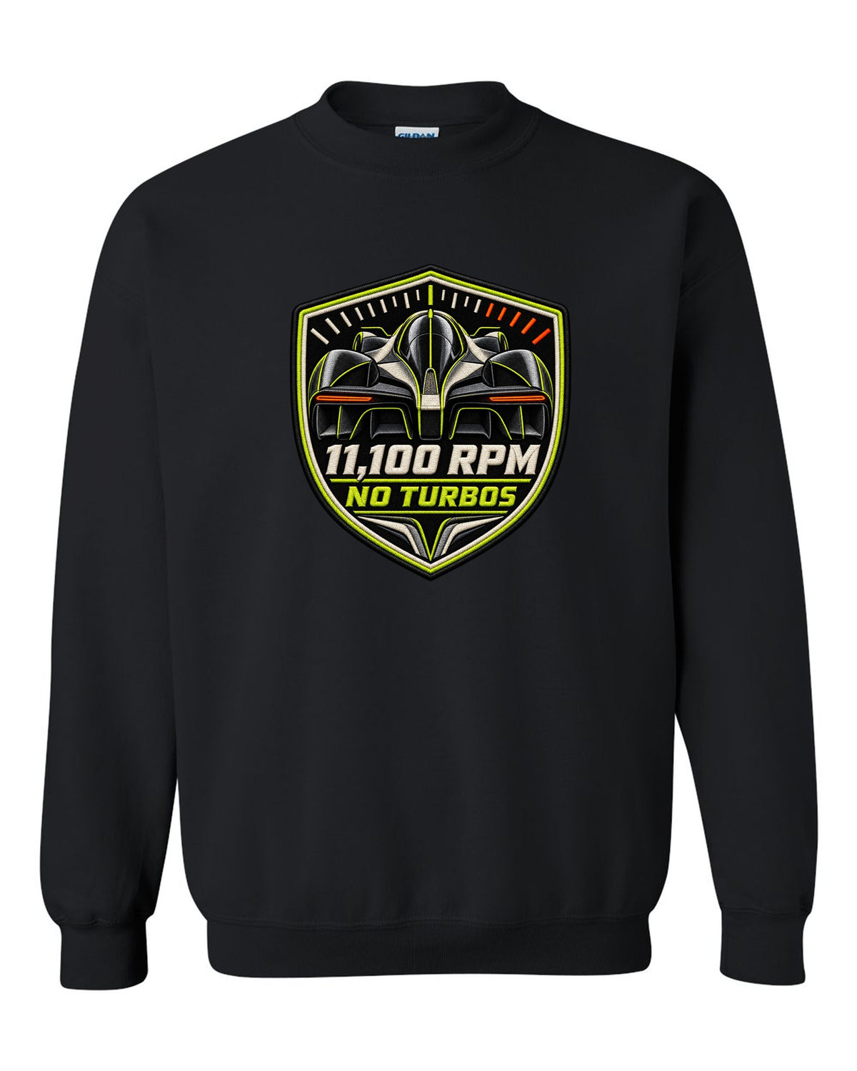 Embroidery-style varsity print for the Aston Martin Valkyrie with 11,100 rpm and no turbos lettering black crewneck front view with the design