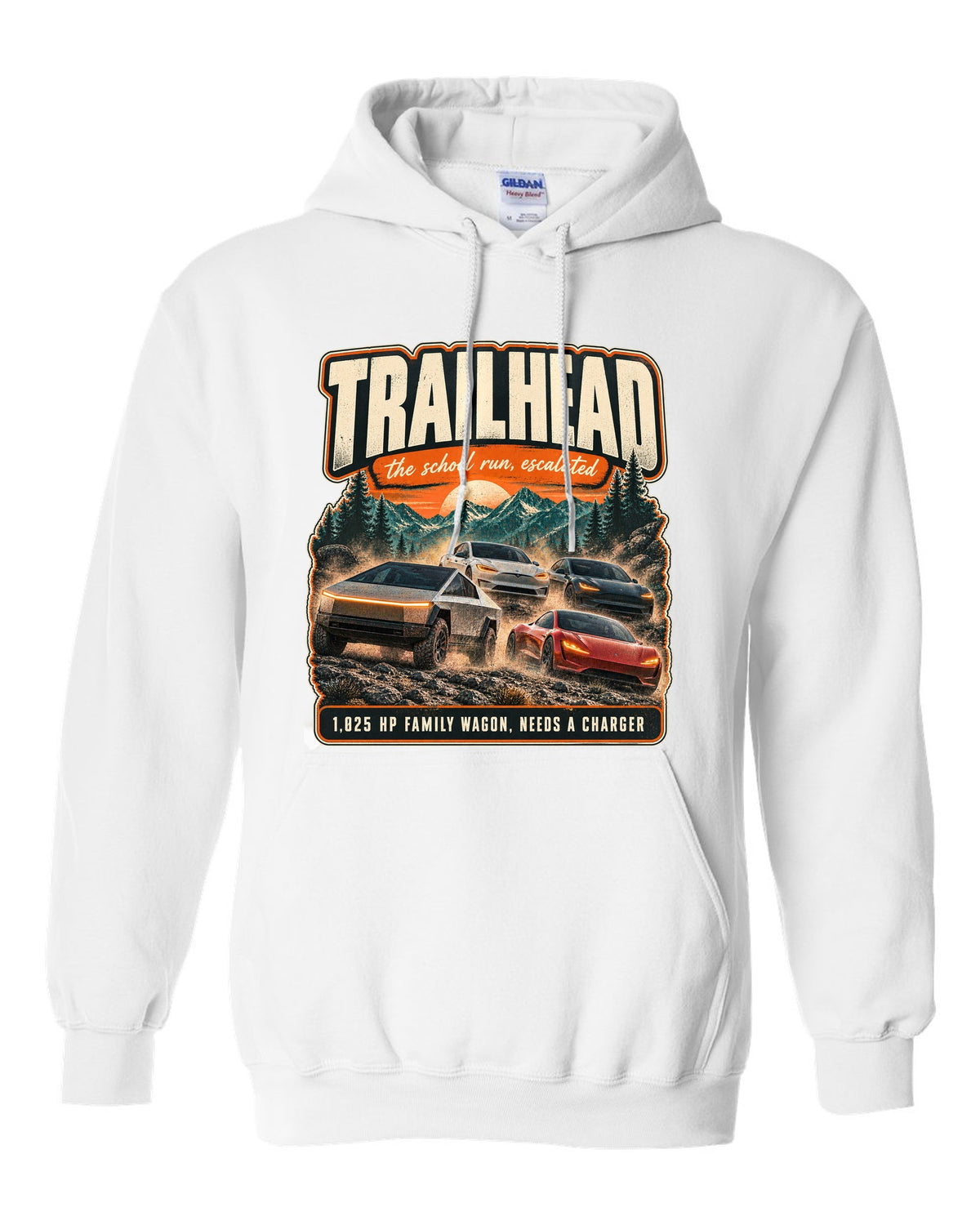 Street poster print of a Rivian R1S with trailhead and horsepower text white pull over hoodie front view with the design