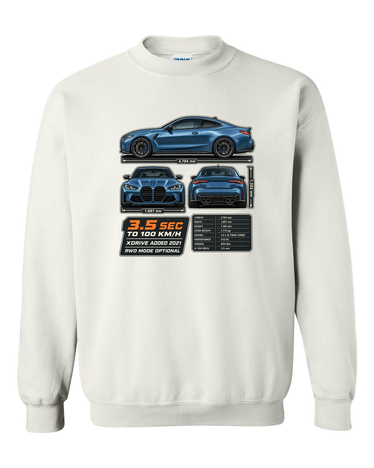 BMW M4 Competition xDrive G82 three-view drawing with spec table print white crewneck front view with the design