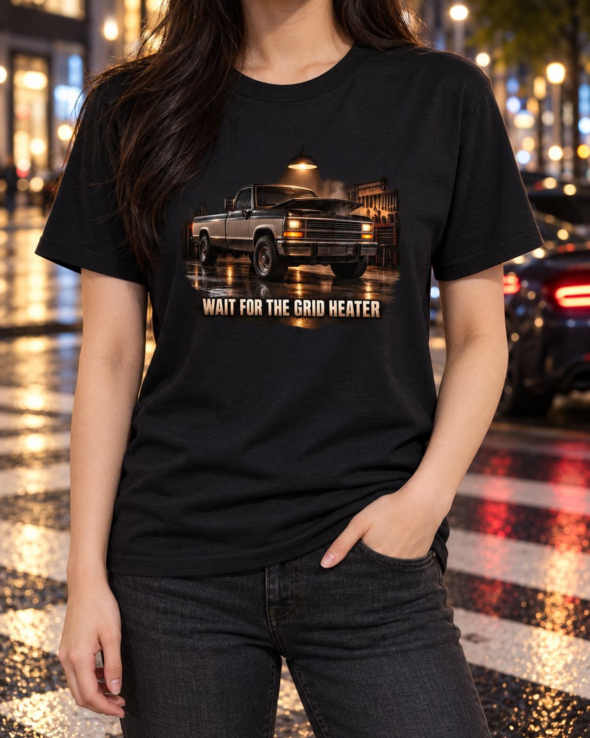 Wait For The Grid Heater: Dodge D250 Garage Night Tee T-Shirt Black worn hero