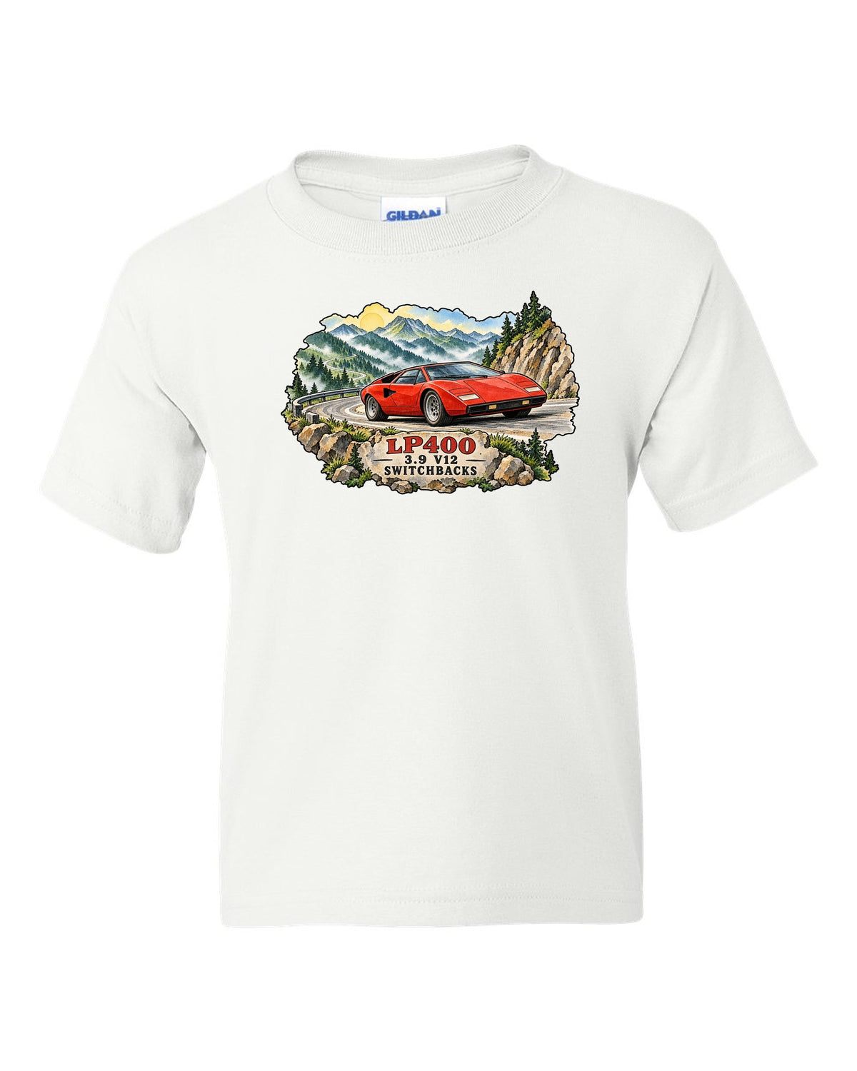 Watercolour ink wash design of a Lamborghini Countach LP400 on mountain switchbacks white kids tee front view with the design