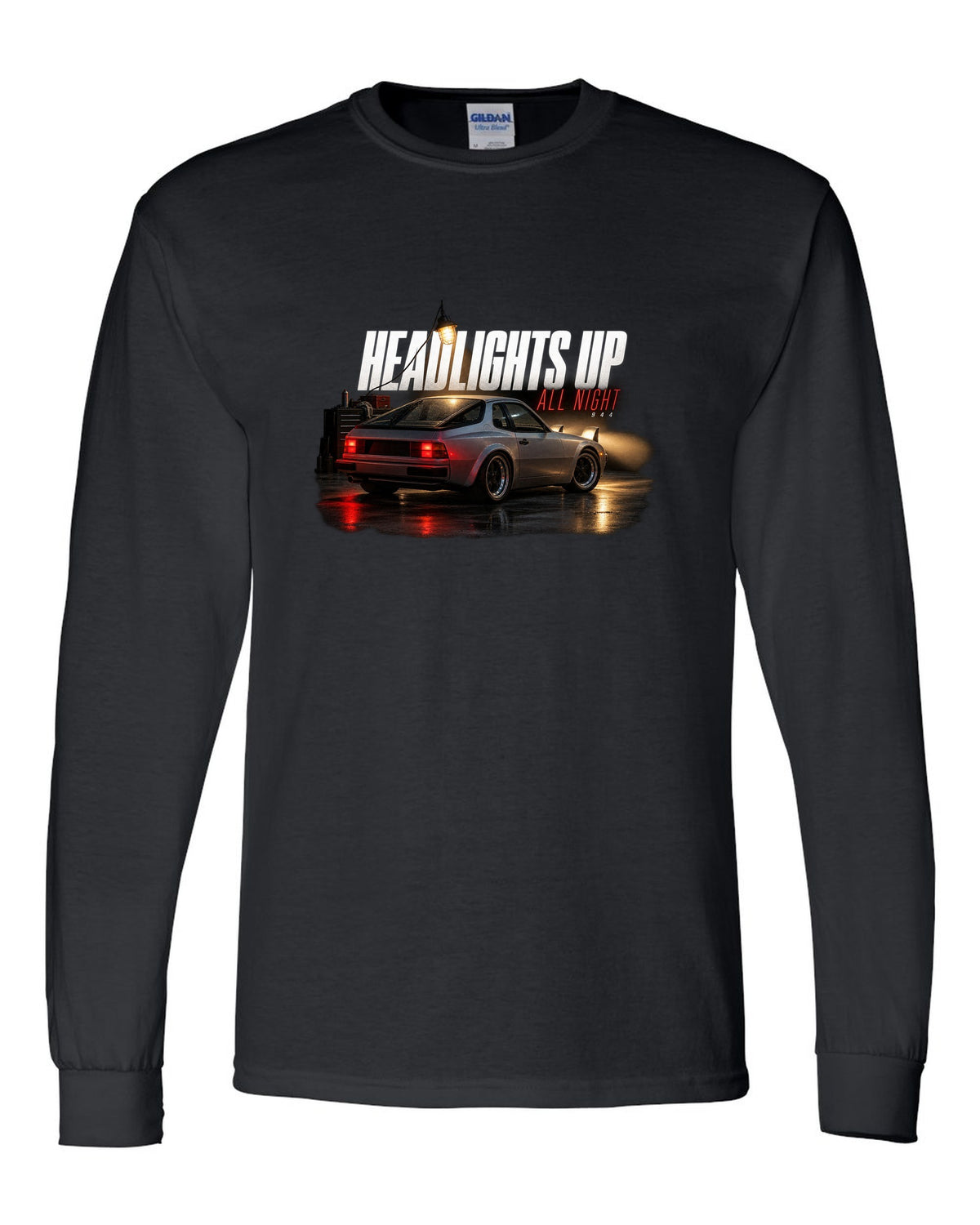 Garage night print of an early Porsche 944 with pop-up headlights raised black long sleeve front view with the design