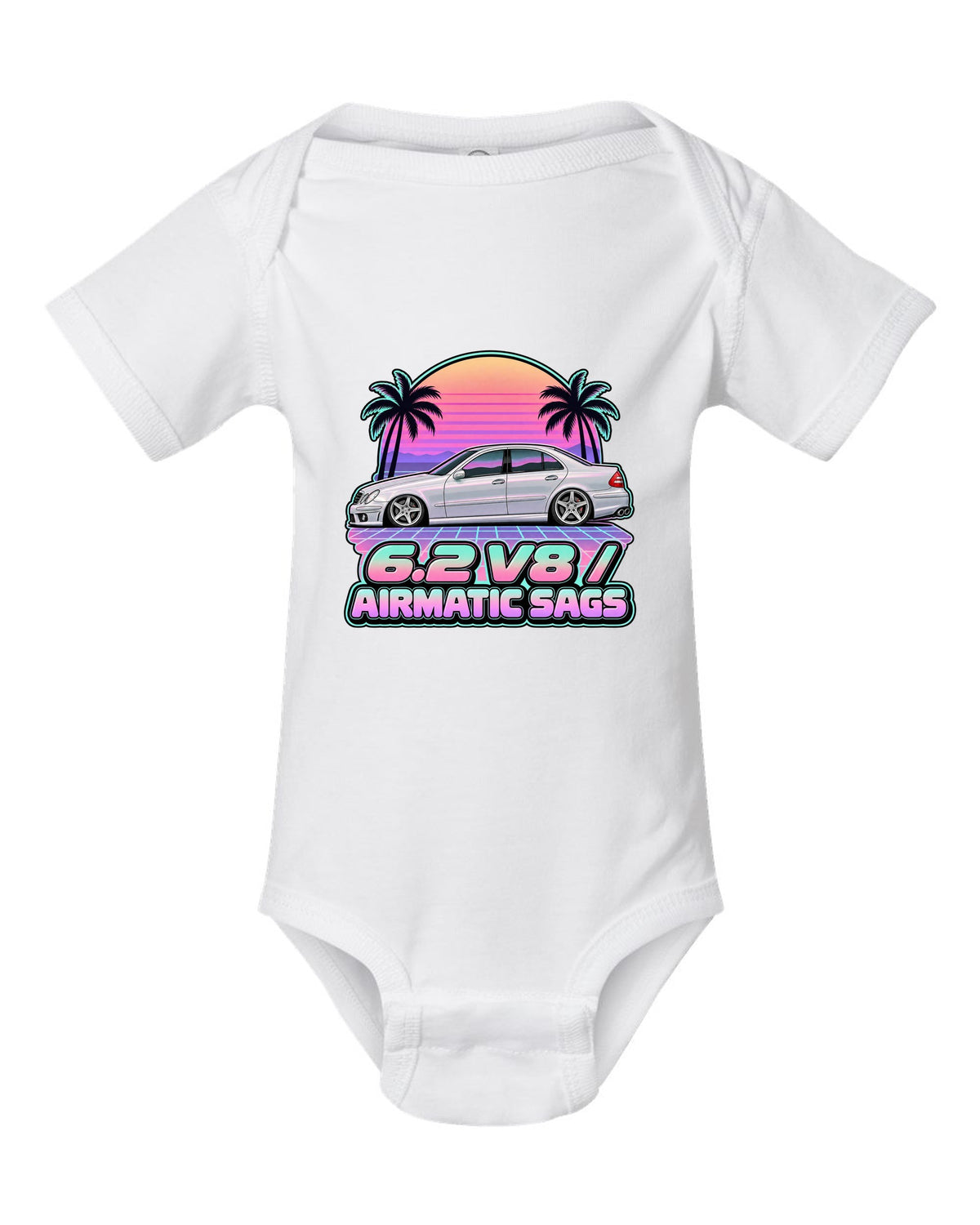 Vaporwave pastel print of a Mercedes E63 AMG W211 with Airmatic text white baby onesie front view with the design