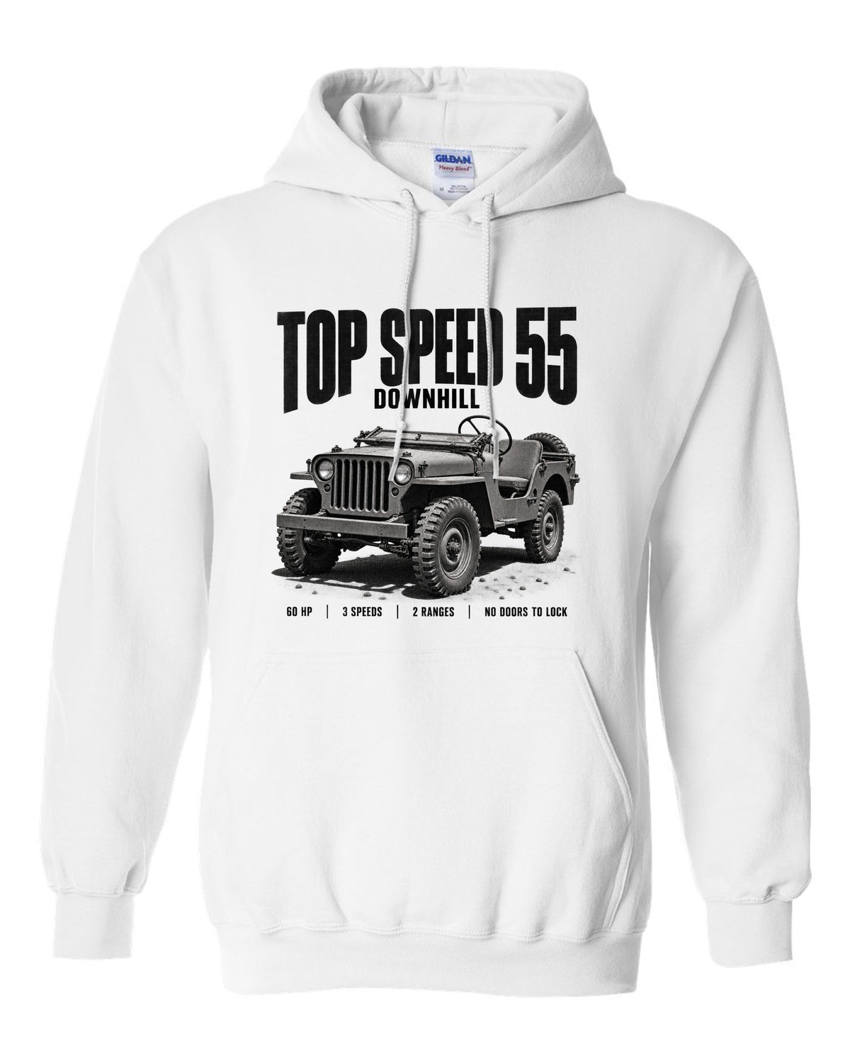 Halftone print for the Willys MB, Top Speed 55 Downhill white pull over hoodie front view with the design