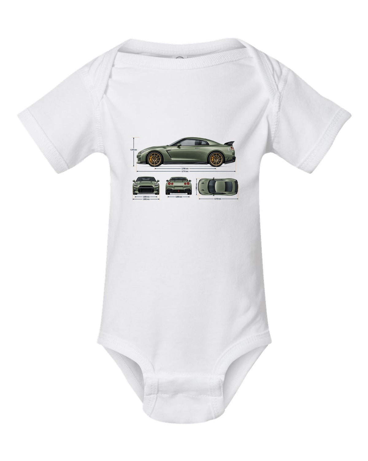 Nissan GT-R R35 rear three-quarter in red halftone showing four round taillights white baby onesie front view with the design
