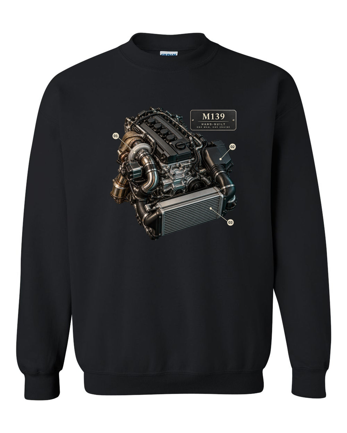 Mercedes-AMG C63 S E Performance W206 M139 engine illustration black crewneck front view with the design