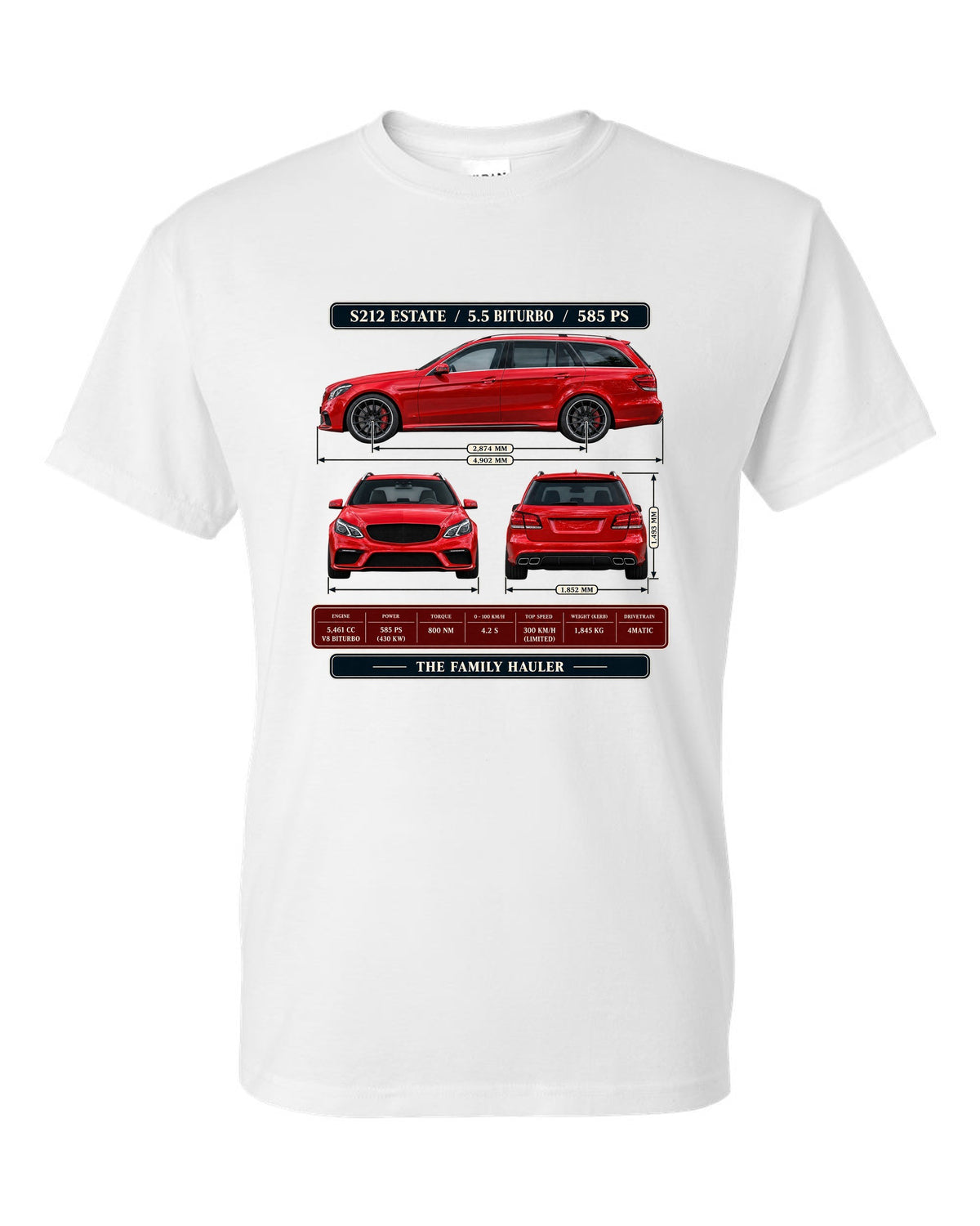Three-view and spec table print of a signal red Mercedes-AMG E63 S S212 estate white t-shirt front view with the design
