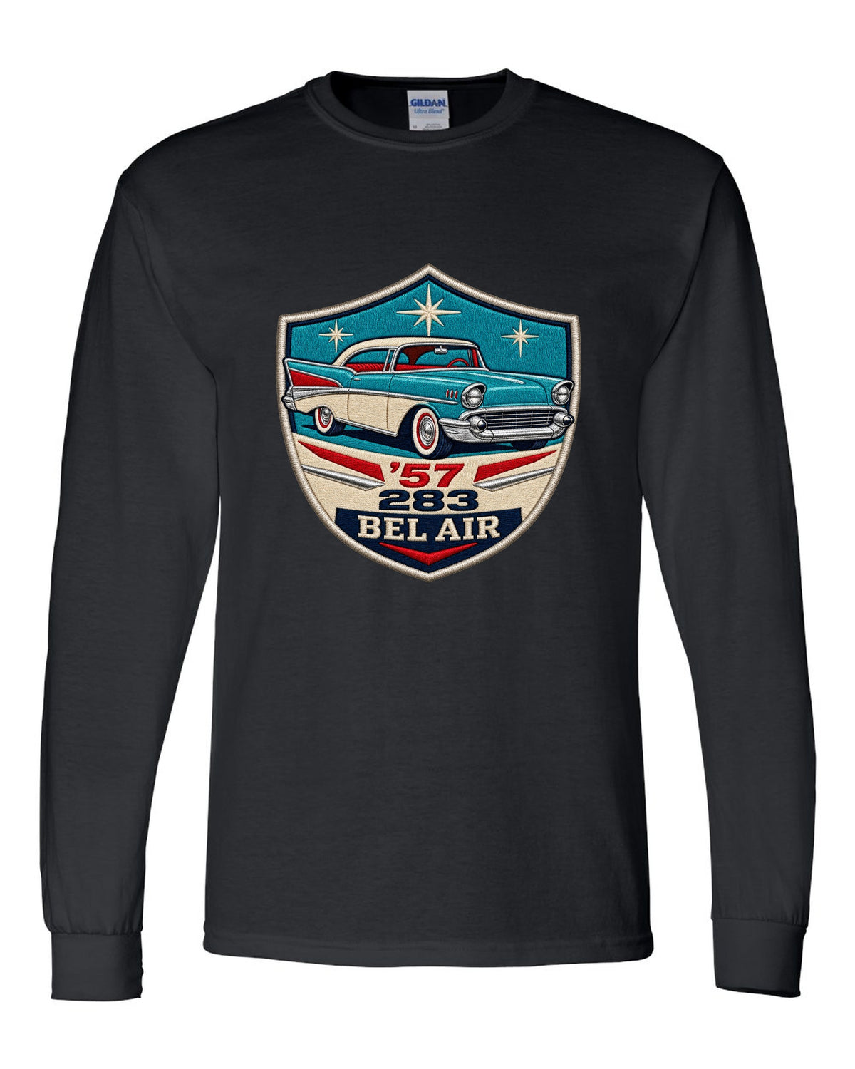 Original shield crest print for a 1957 Chevrolet Bel Air with 283 lettering black long sleeve front view with the design