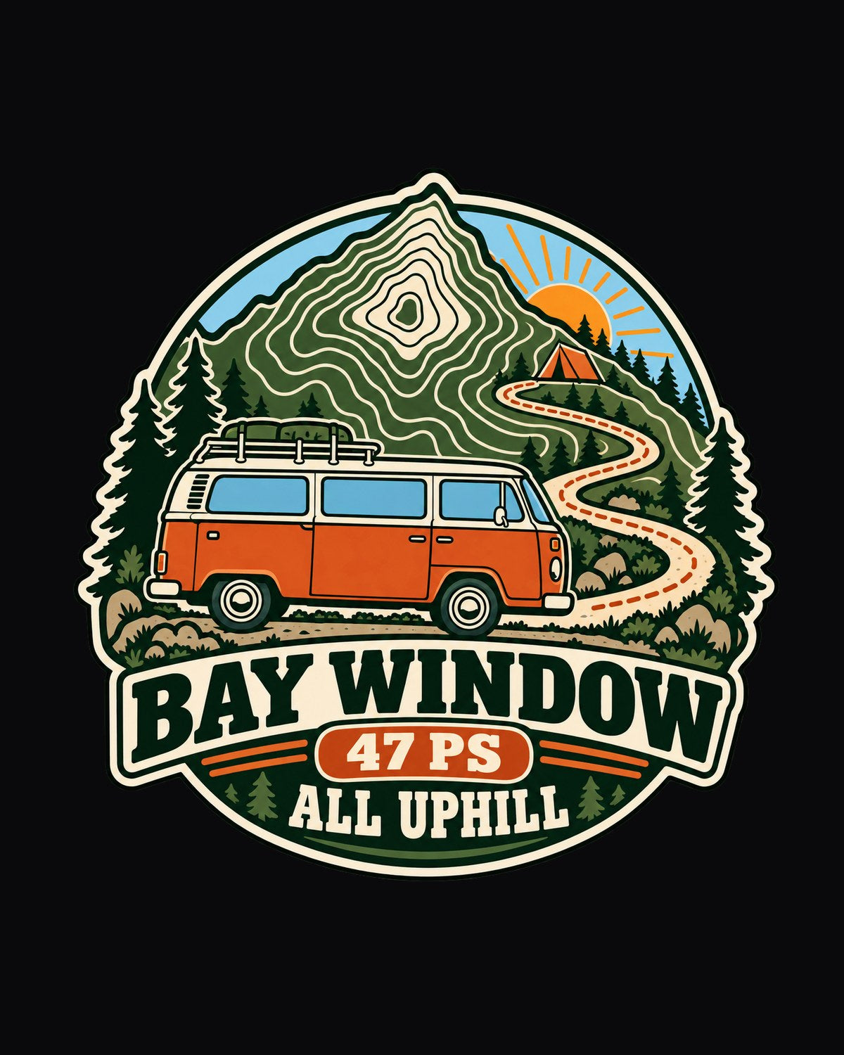 VW Bay Window Bus T2 Topographic Route Map Shirt, 47 PS design only