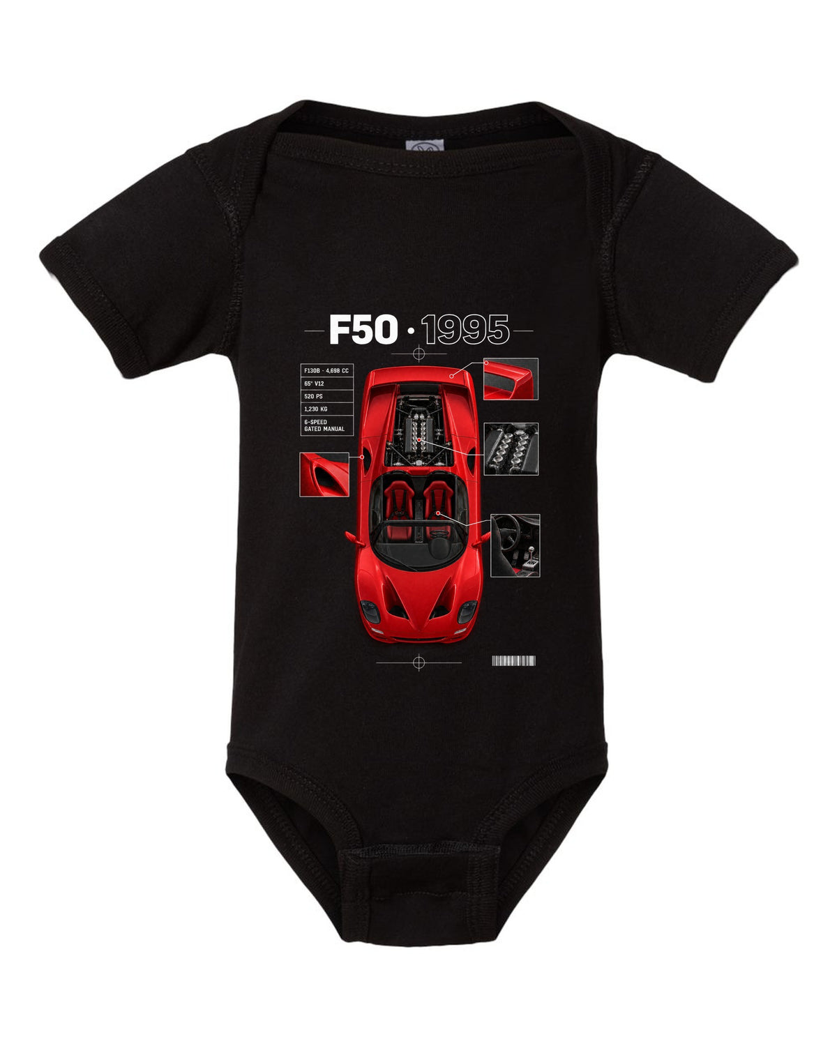 Ferrari F50 1995 top-down plan spec poster print, F130B 4,698 cc V12, 520 PS black baby onesie front view with the design