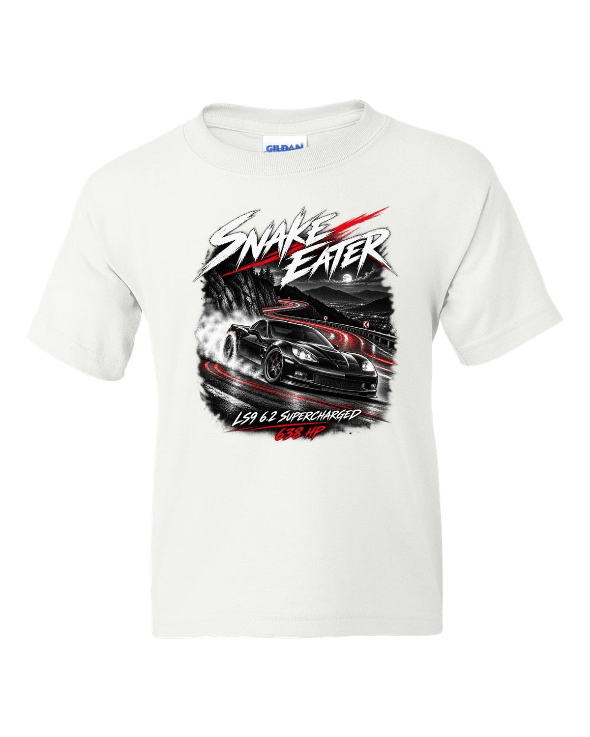 Corvette C6 ZR1 supercharged on a night mountain road white kids tee front view with the design