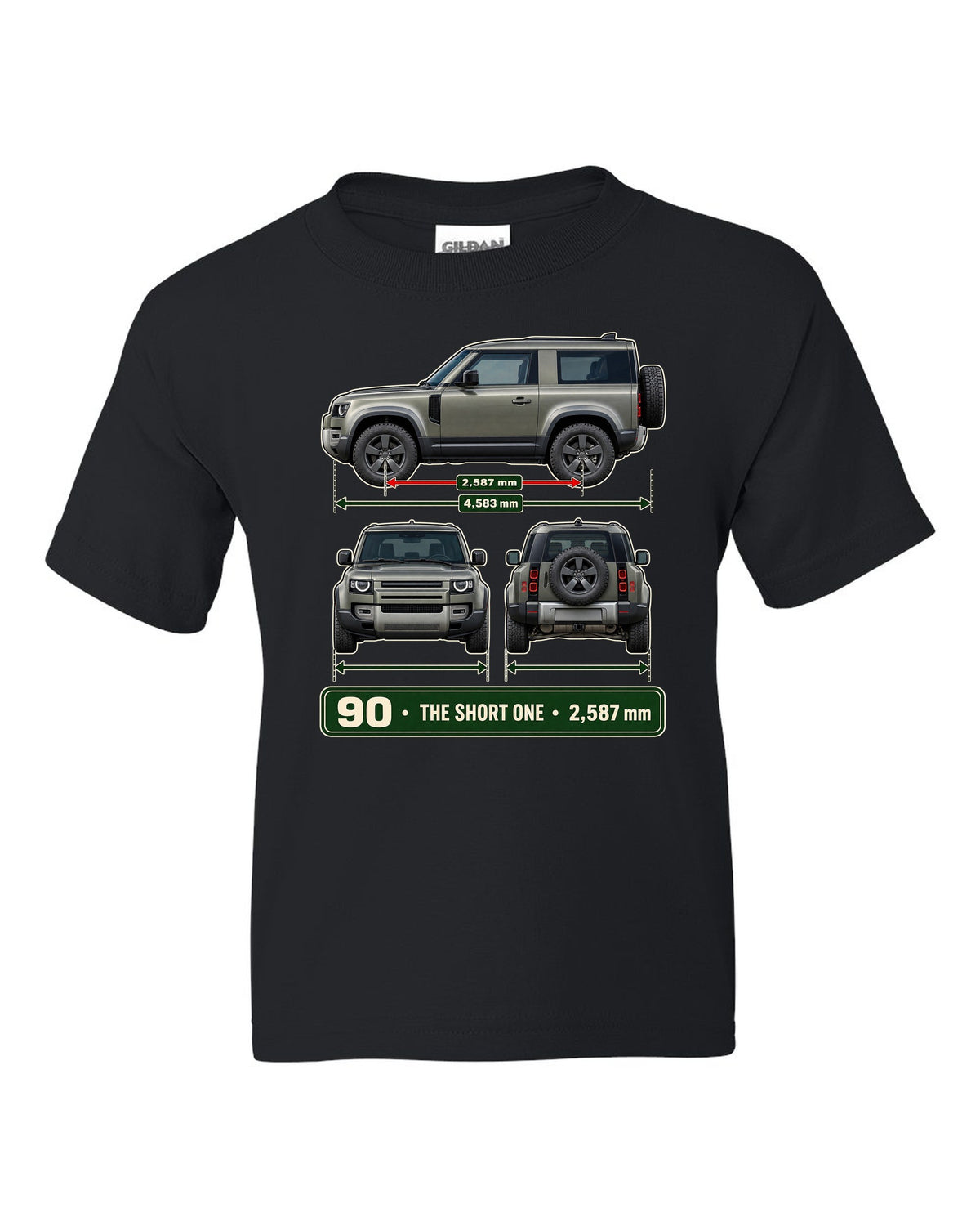 Three-view drawing with spec table print of the Land Rover Defender 90 L663 black kids tee front view with the design